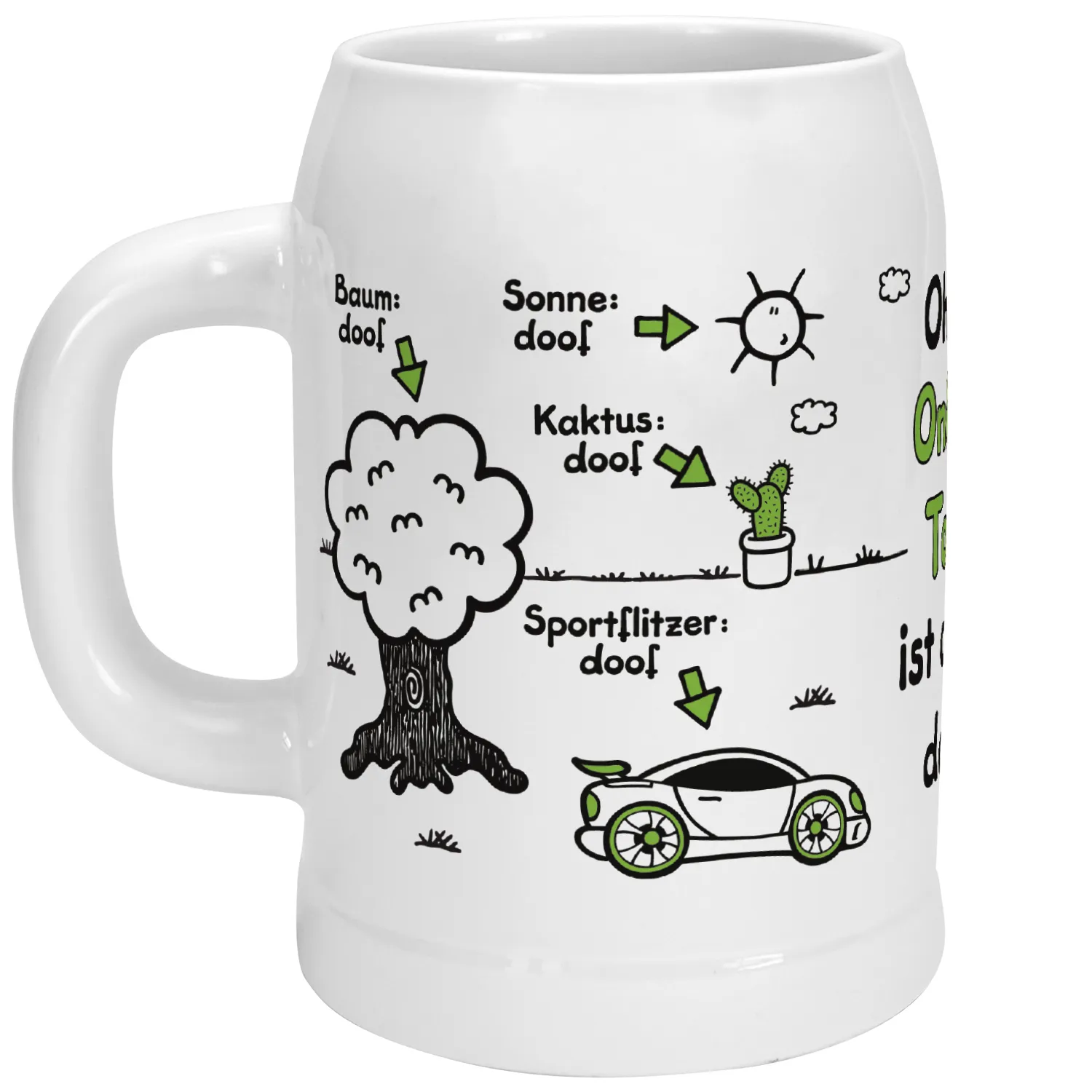 Weißer Keramik-Bierkrug mit schwarzen Skizzen und grünen Akzenten