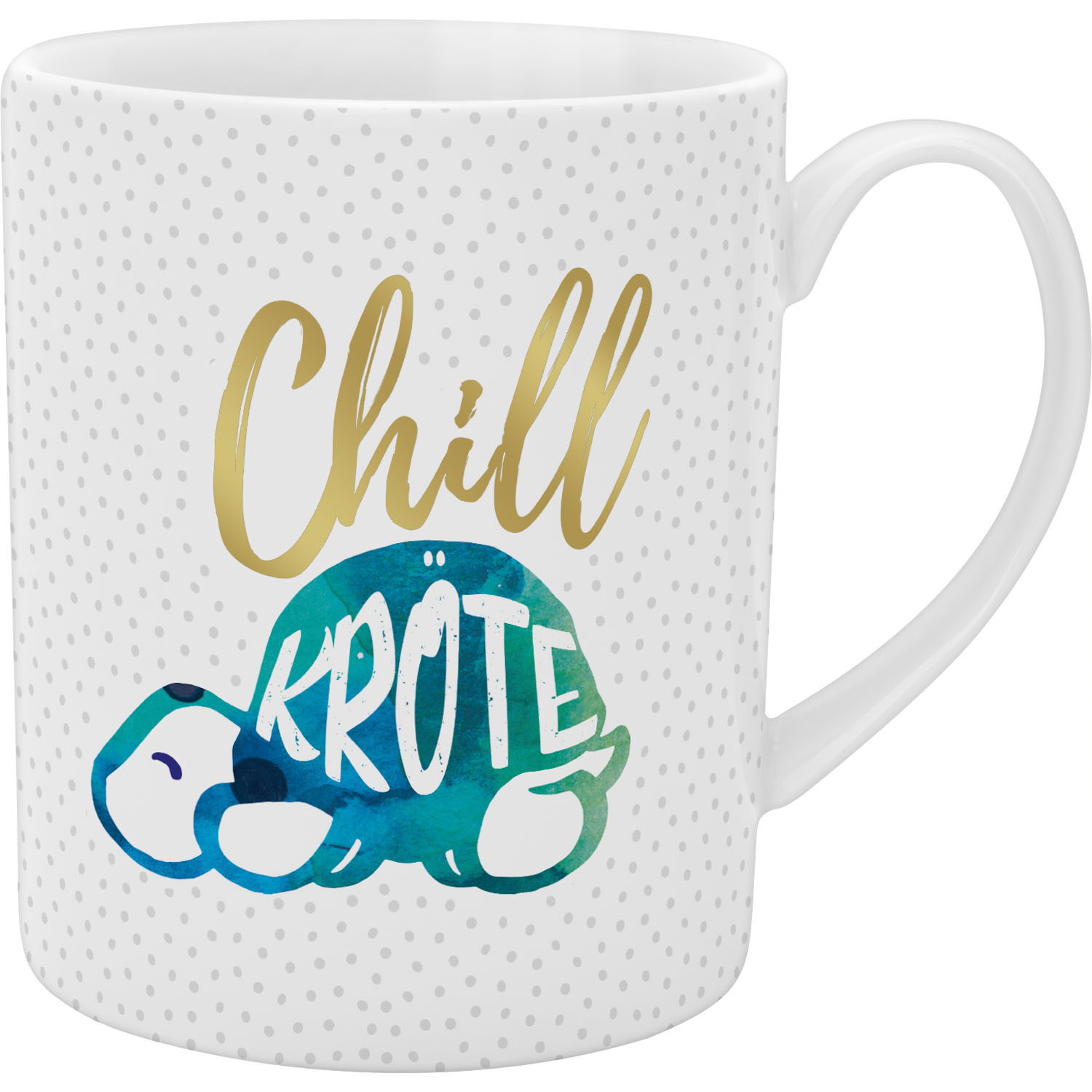 Weiße Porzellan-Tasse mit grauen Punkten und Chillkröte-Motiv in Blau-Grün, Goldschrift