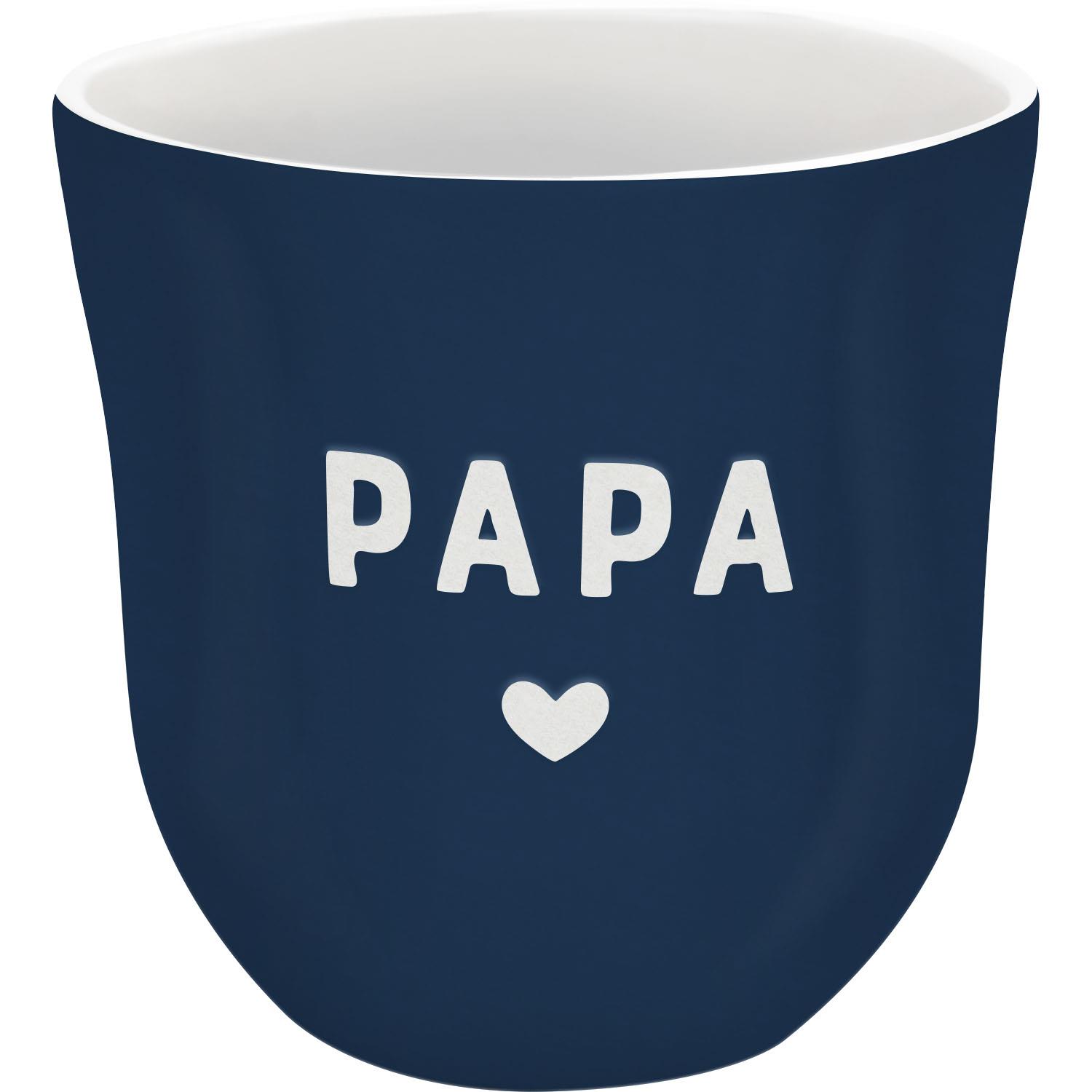 Dunkelblauer Steinzeug-Lieblingsbecher mit weißem Innenraum und PAPA-Schriftzug plus Herz.