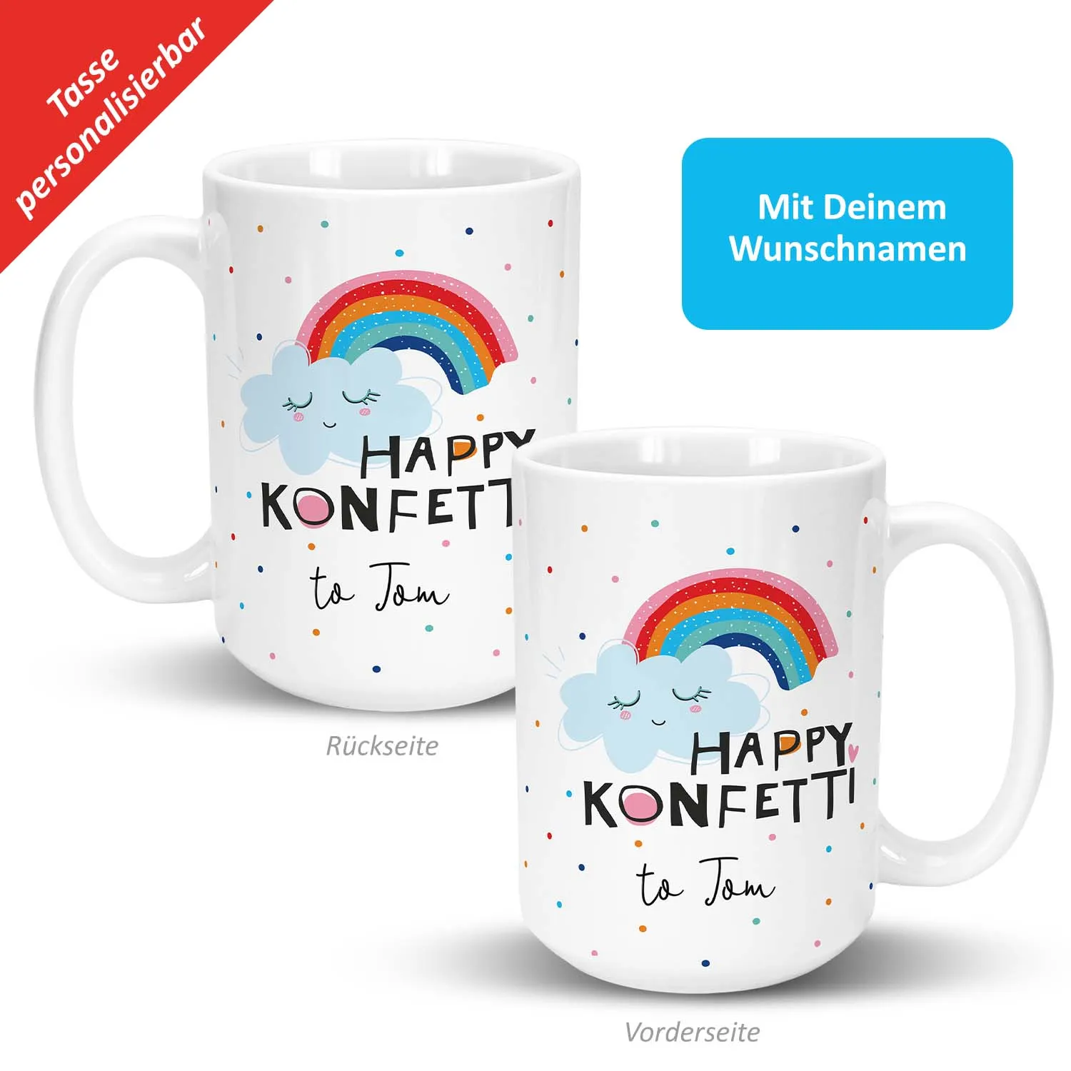Weiße Keramik-Tasse mit Regenbogen und Wolke, personalisierbar mit Wunschnamen