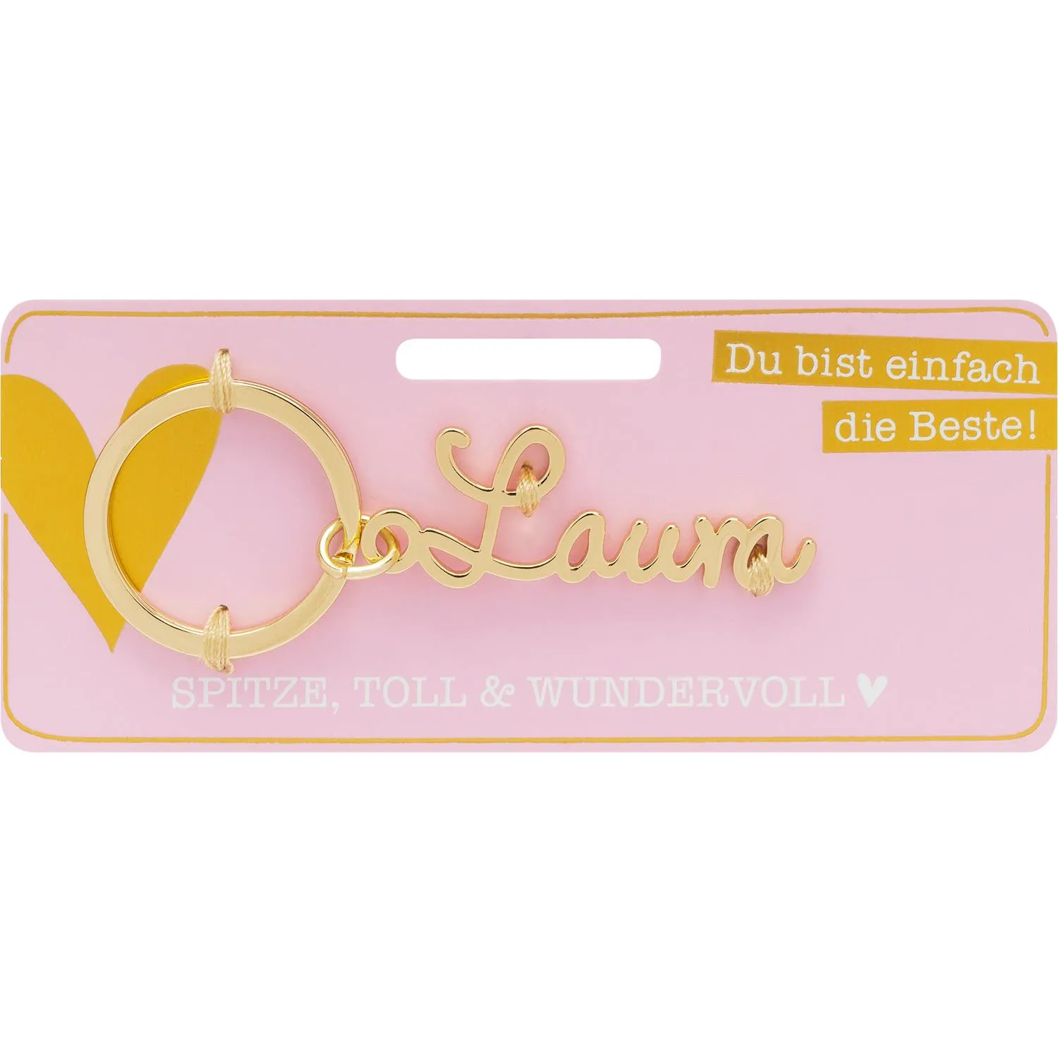 Goldfarbener Namens-Schlüsselanhänger Laura an Schlüsselring auf rosaroter Verpackung