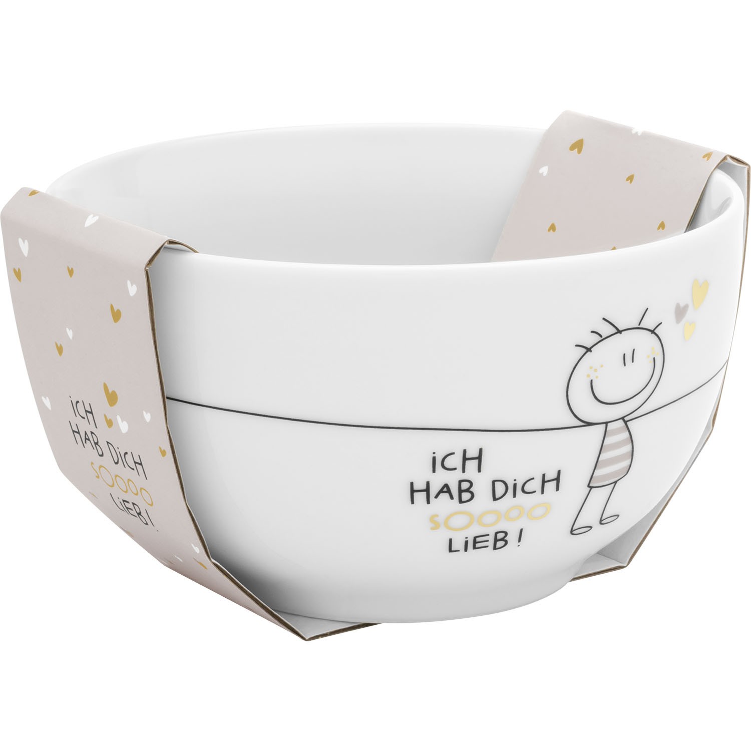 Weiße Porzellanschale mit Botschaft Ich hab Dich so lieb und Herzmotiven