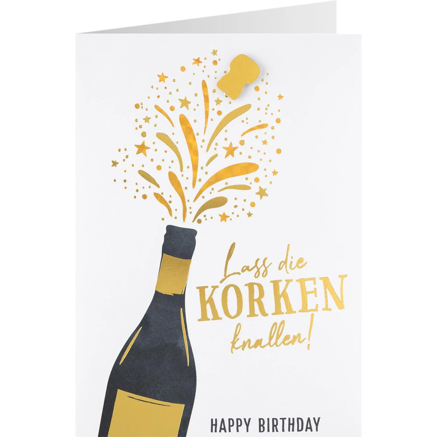 Grußkarte mit goldfolierter Sektflasche und Konfetti auf weißem Hintergrund.