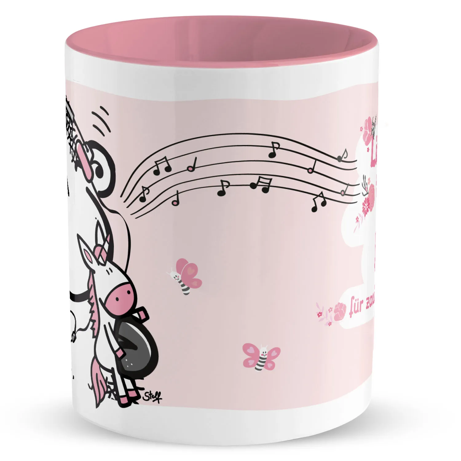 Weiße Porzellan-Tasse mit rosa Innenfarbe und Unicorn-Motiv.