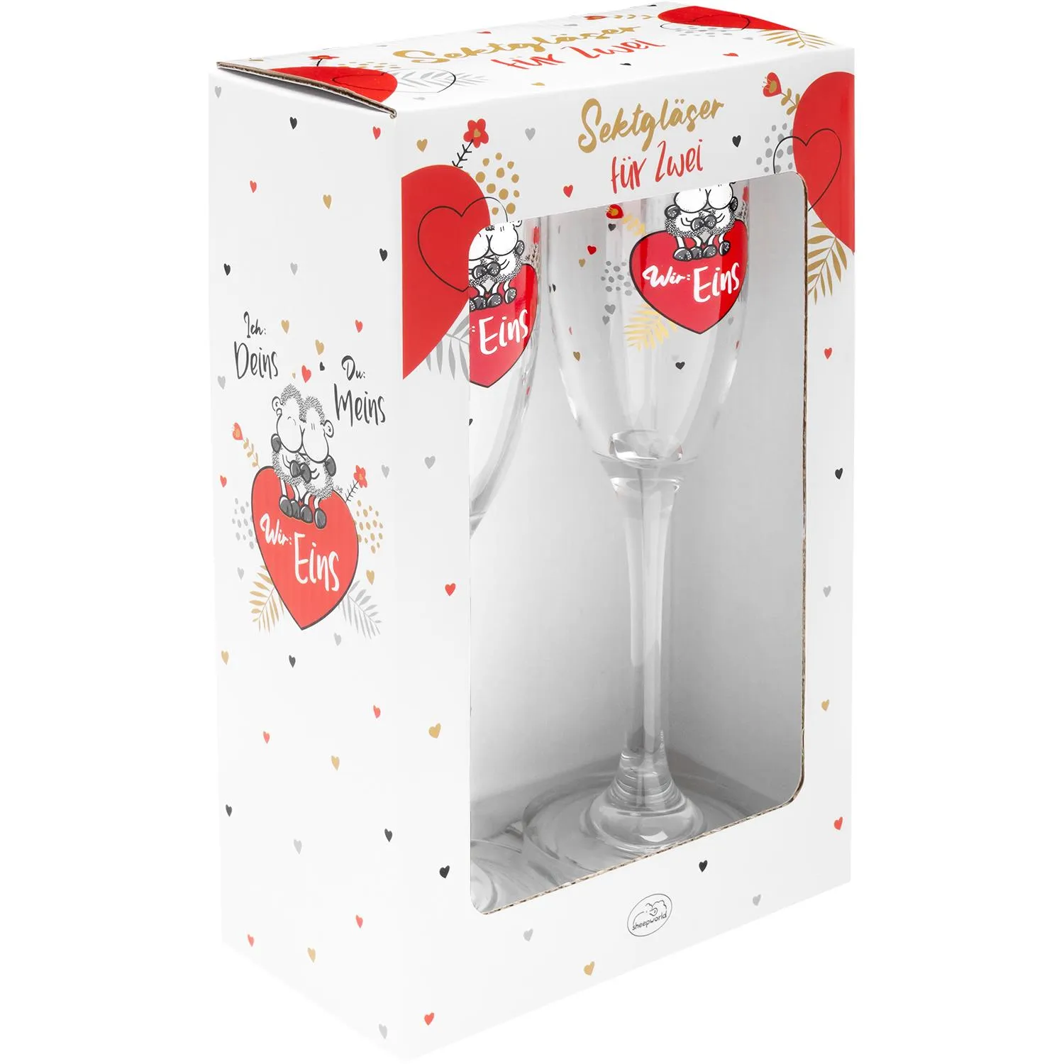 Sektgläser-Set für zwei mit Golddruck in Geschenkbox, Herzmotiv