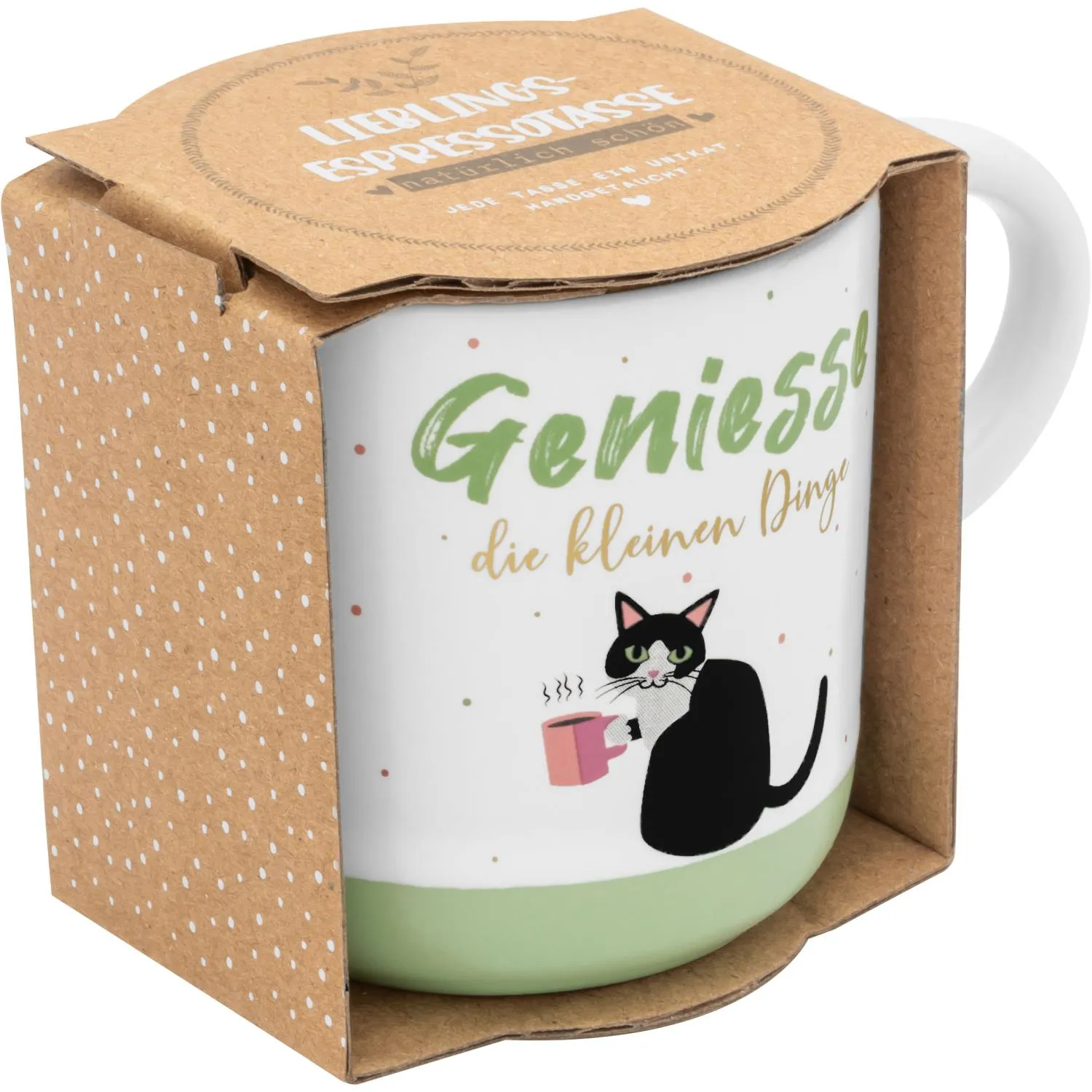 Weiße Espressotasse mit Katzenmotiv, grünem Schriftzug und Geschenkverpackung