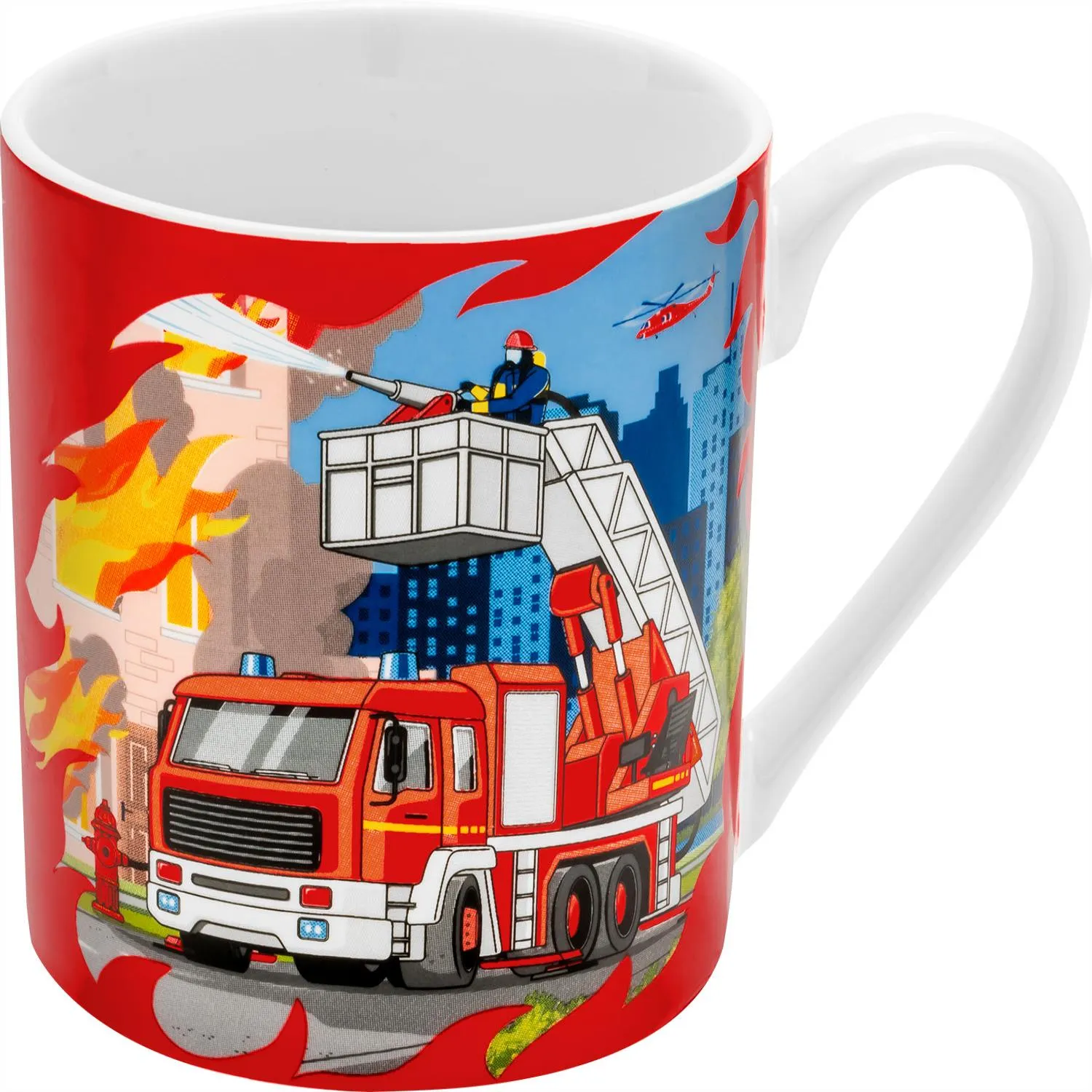 Tasse Feuerwehr aus Porzellan mit Feuerwehrauto-Motiv, 200 ml, roter Druck.