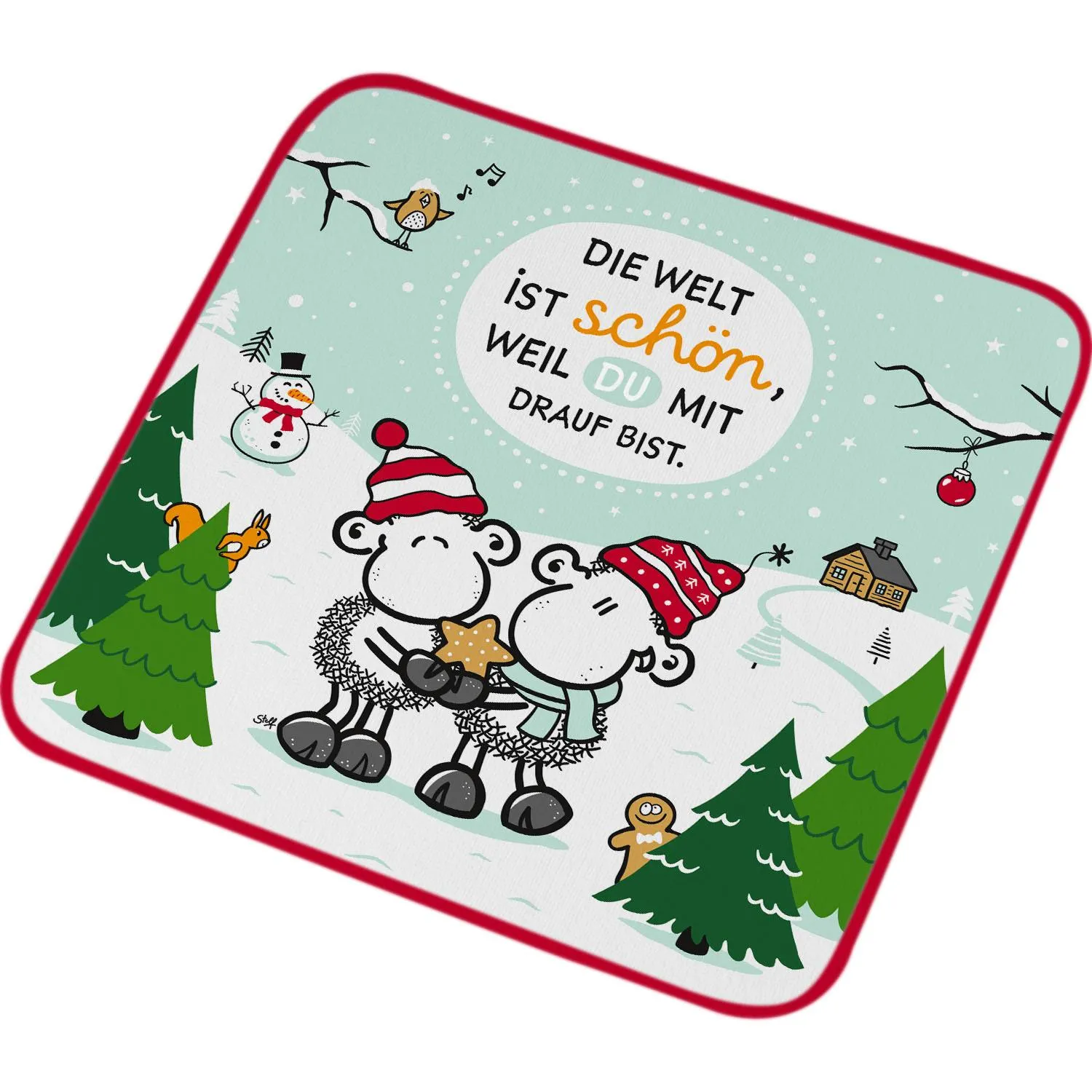 Magic Towel Welt: Zwei Schafe kuscheln im Winter auf Mint-Hintergrund, roter Rand.