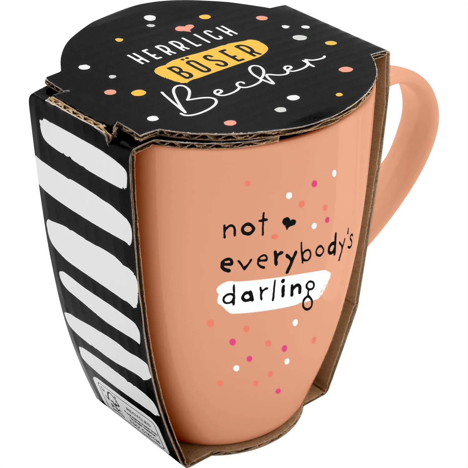 Becher aus Porzellan in Pfirsich mit Spruch 'not everybody's darling' und Geschenkbox