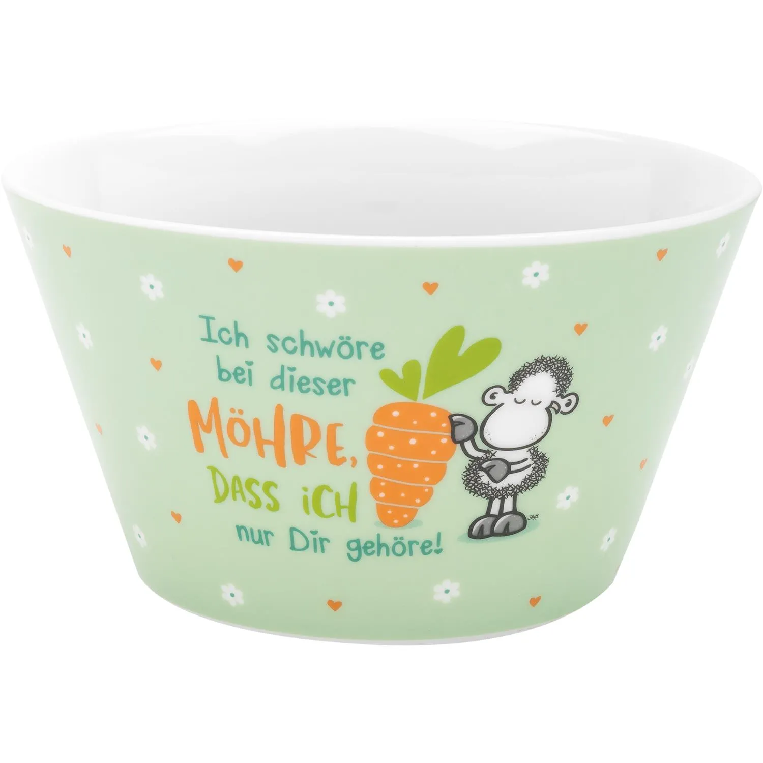 Pastellgrüne Porzellan-Osterschale mit Schaf und Karotte, Spruch