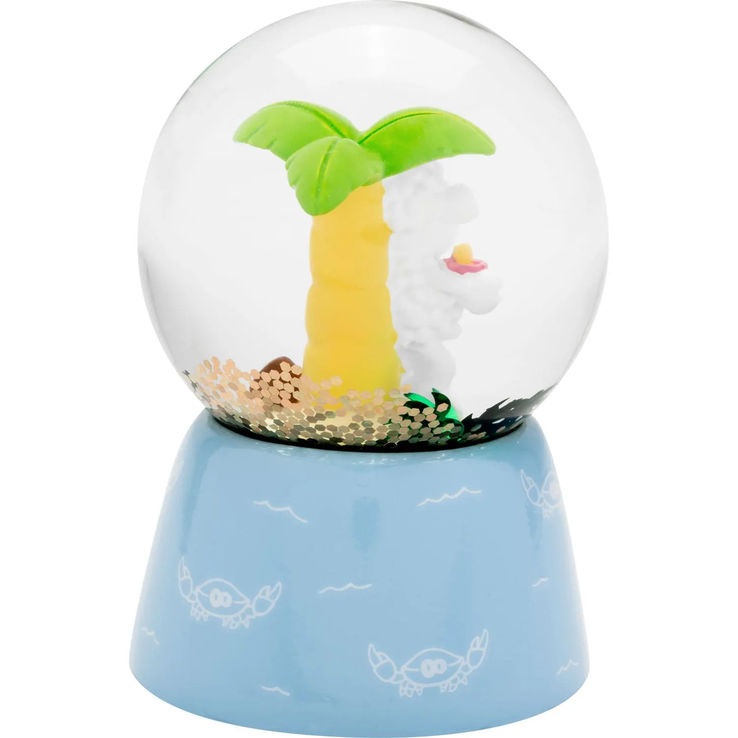 Schneekugel mit Palme im Inneren, blauer Sockel, 6,5 cm hoch, 5 cm Durchmesser