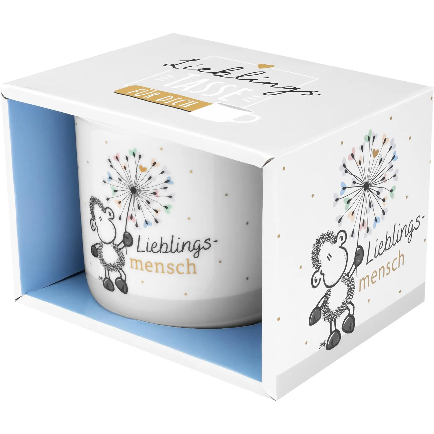 Weiße Porzellan-Tasse 'Lieblingsmensch' mit Schaf- und Dandelion-Motiv in Geschenkbox
