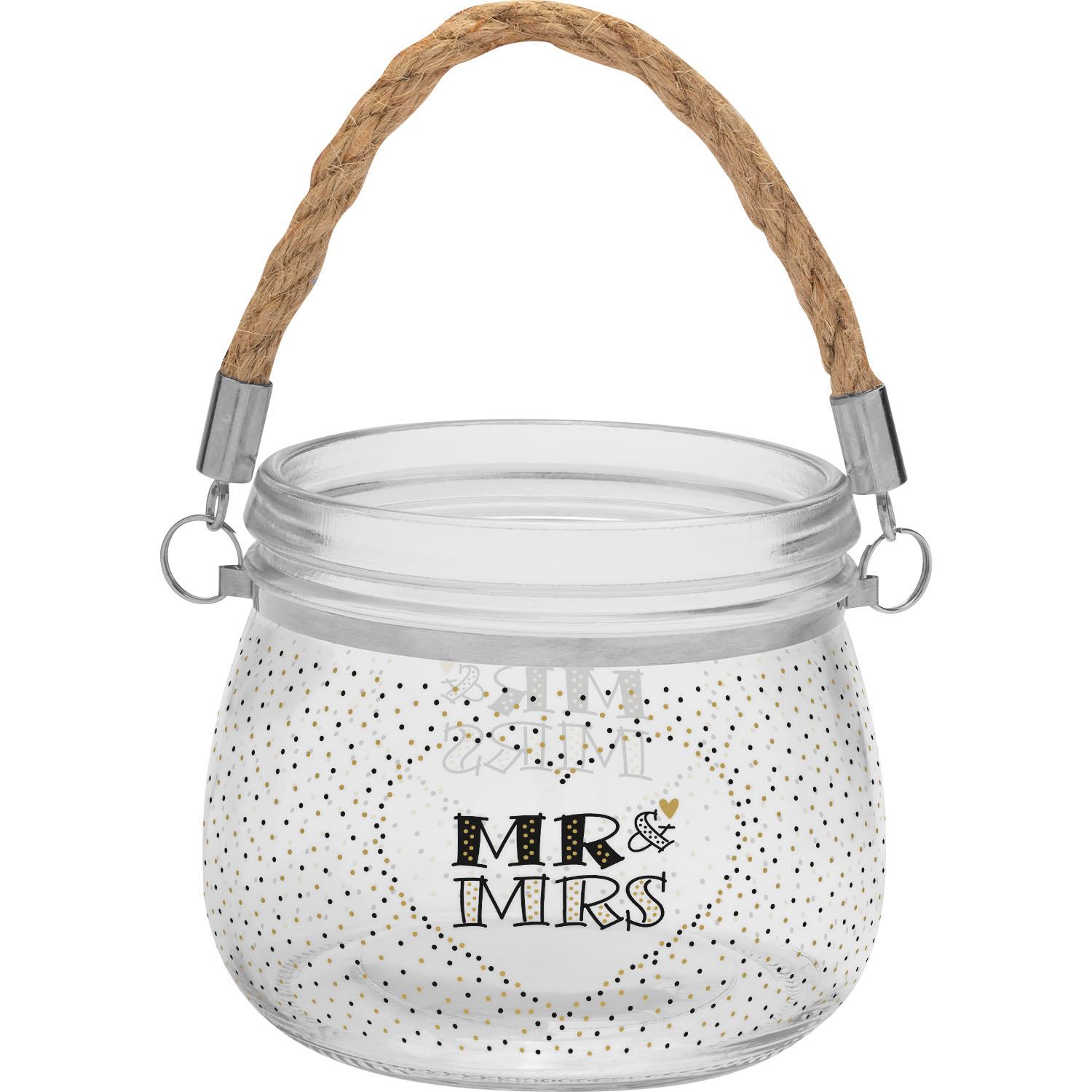Windlicht aus Glas mit Golddruck 'MR & MRS' und Bast-Griff