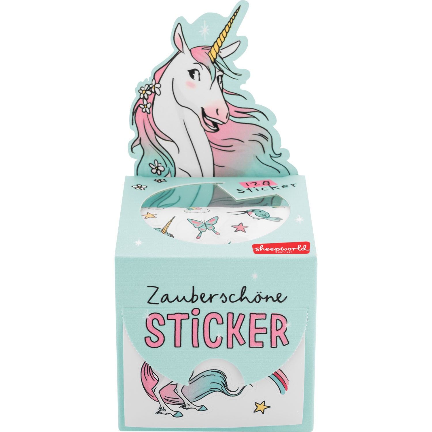 Pastellfarbene Einhorn-Stickerrolle in Geschenkbox mit 128 Stickern