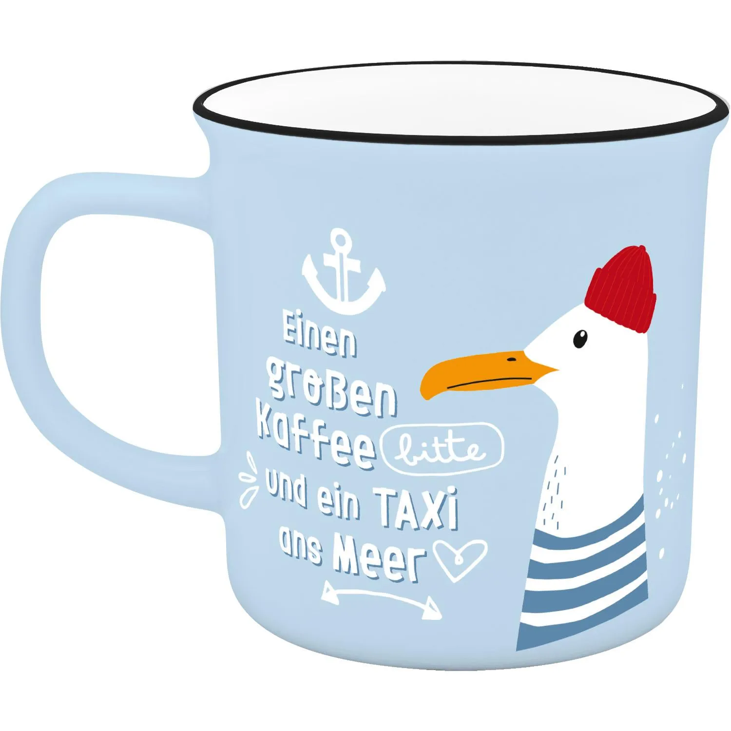 Pastellblaue XL-Tasse mit Möwe, Anker und maritimer Typografie – Geschenkband, spülmaschinen- und mikrowellengeeignet.