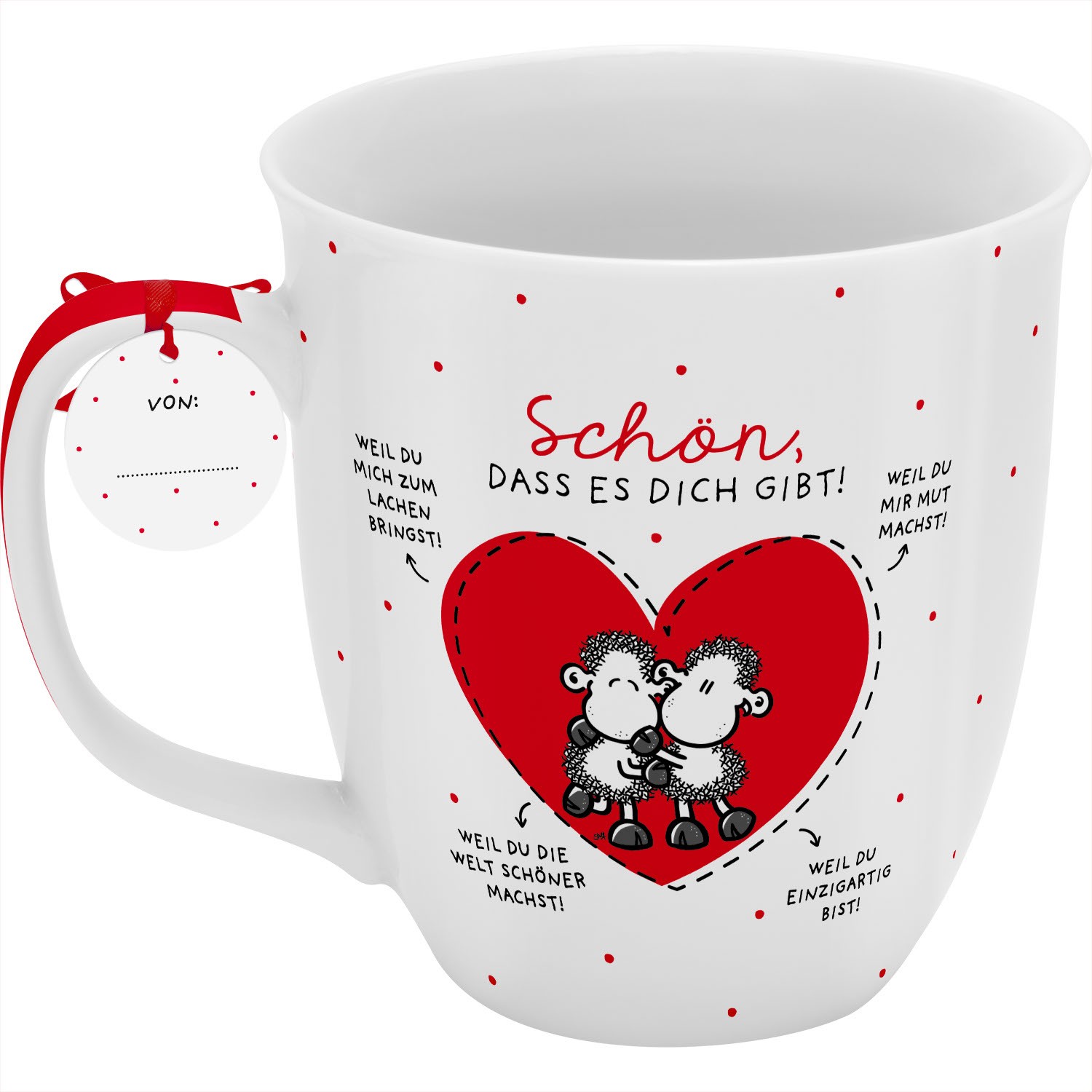 Weiße Porzellan-Tasse mit rotem Herz und zwei Schafen; Spruch 'Schön, dass es dich gibt!'