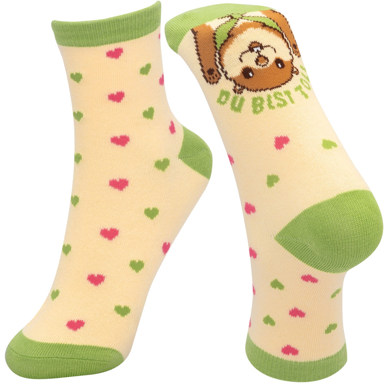 Socken mit Hundemotiv, Herzchenmuster und Spruch 'Du bist toll!' auf beigem Grund, grüner Rand