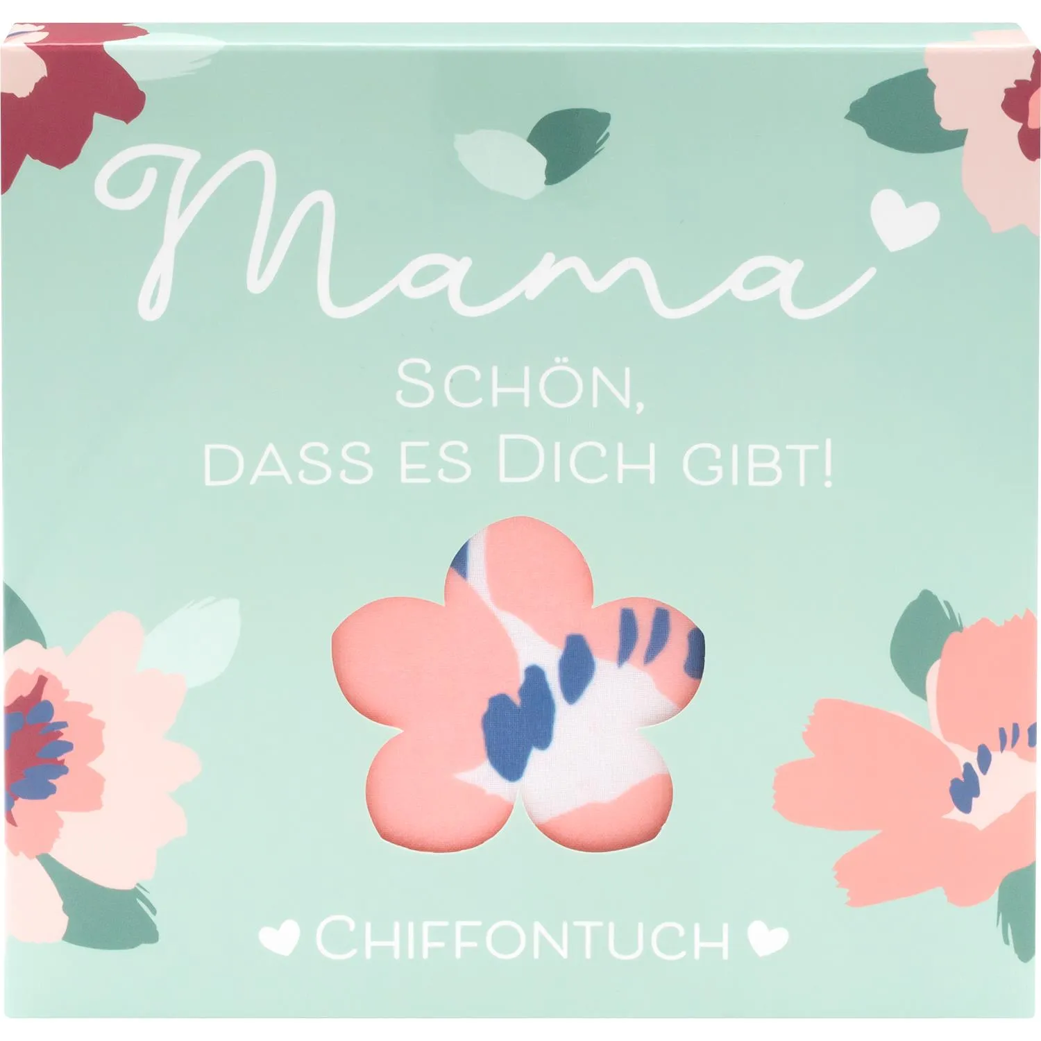Chiffontuch in Geschenkbox mit pastellfarbenem Blumenmuster und Schriftzug 'Mama Schön, dass es Dich gibt'.