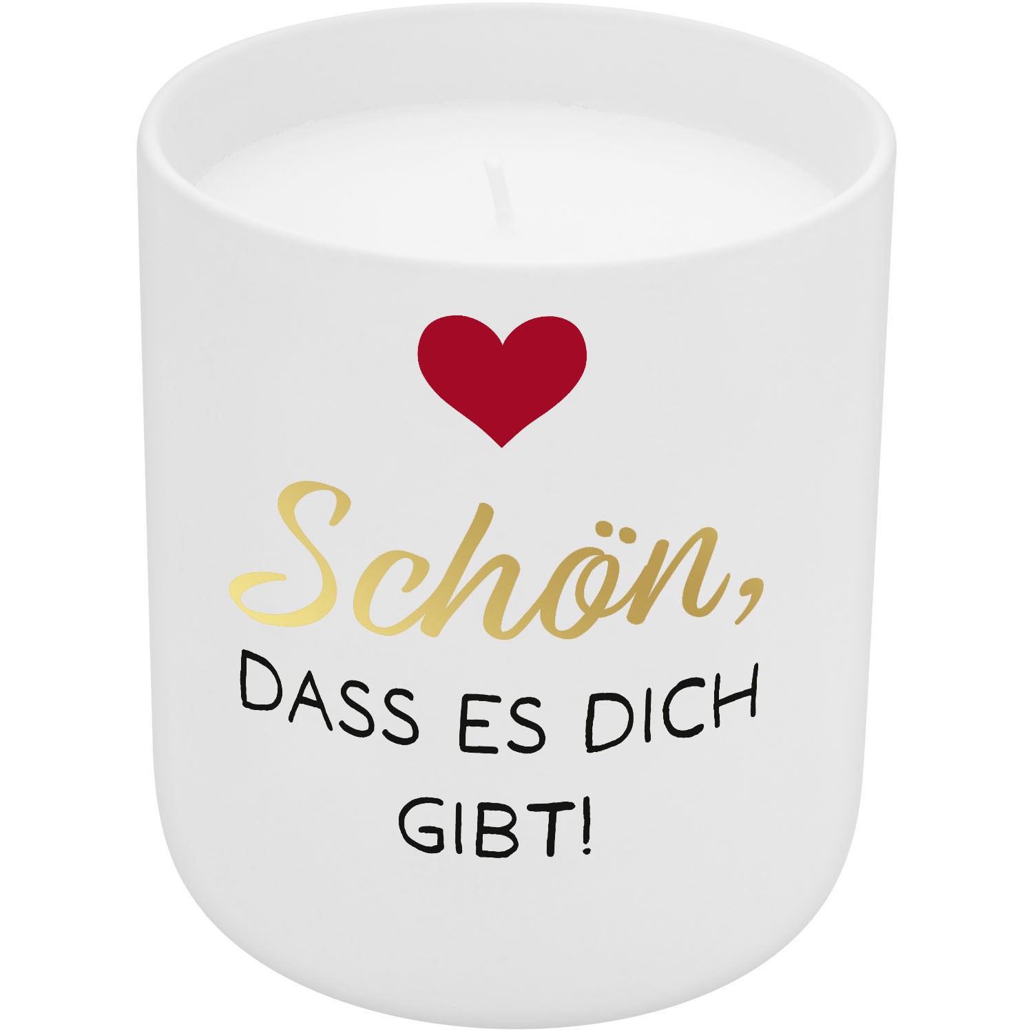 Weiße Kerze im Porzellan-Look mit rotem Herz und Goldschrift 'Schön, dass es Dich gibt'.