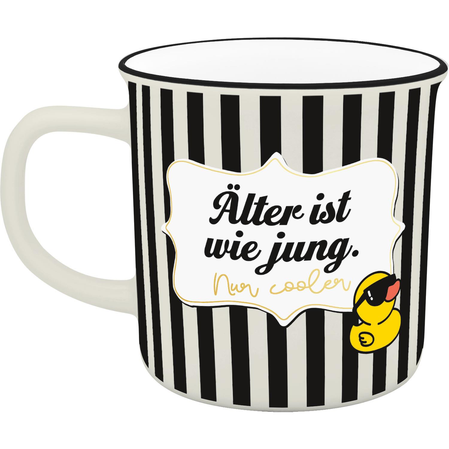 XL-Becher mit Schwarz-Weiß-Streifen, gelber Ente und Spruch.