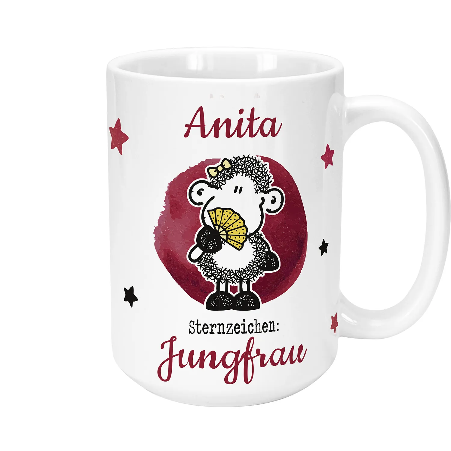 XL-Keramik-Tasse mit Schaf-Motiv, Name Anita, Sternzeichen Jungfrau, rote Akzente