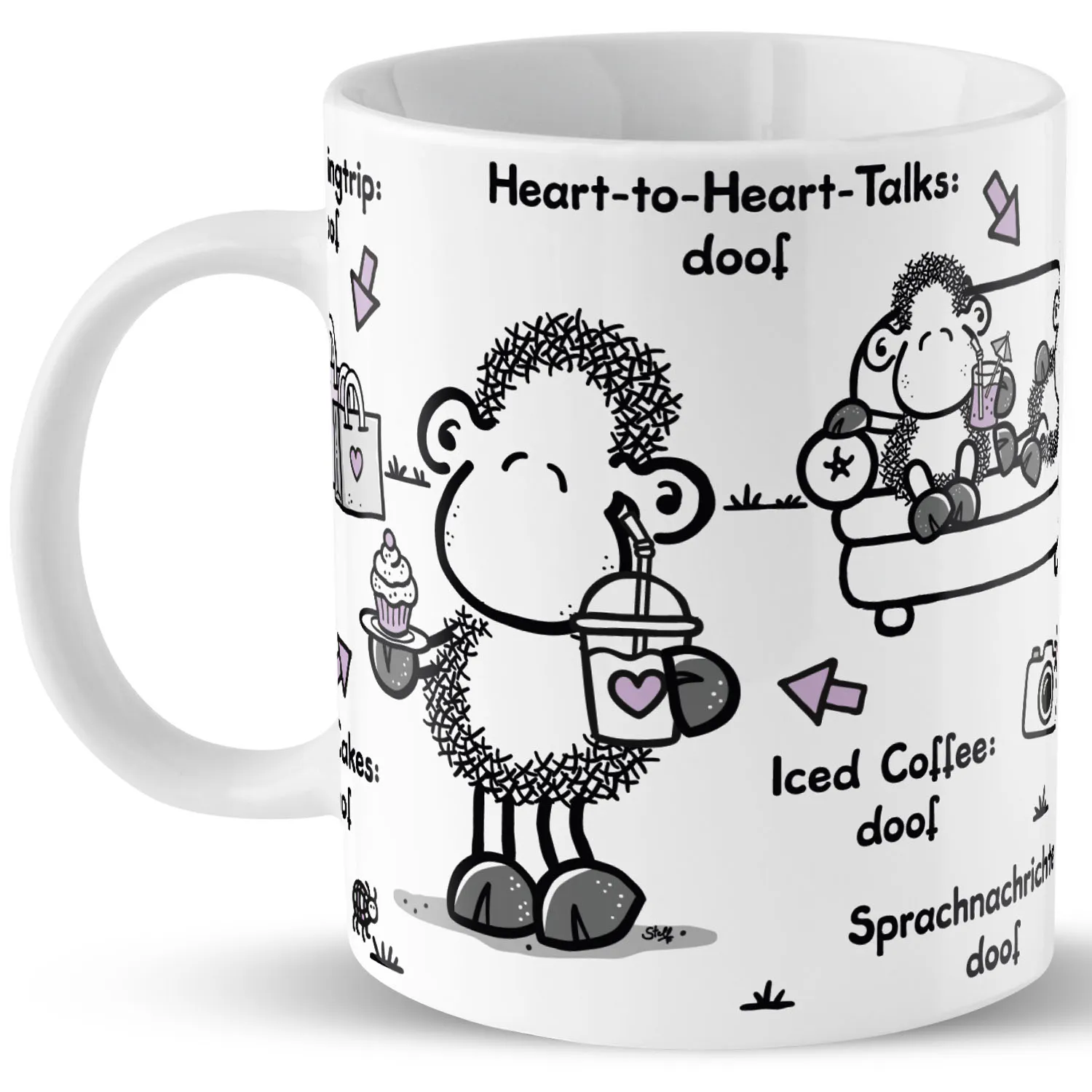 Weiße Porzellantasse mit schwarzem Schaf-Motiv und Herzdetails