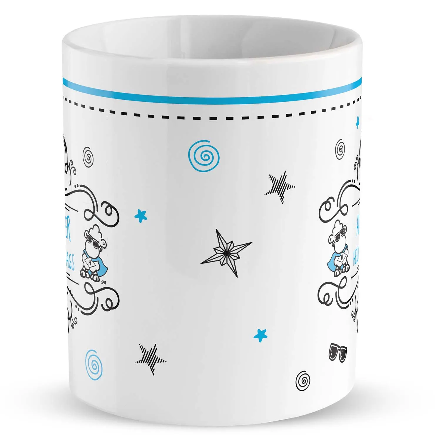 Weiße Porzellan-Tasse mit blauen Schaf-Doodles
