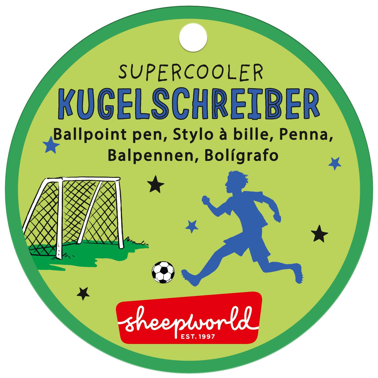 Runder Pastell-Green Badge mit Fußballspieler-Silhouette, Tor und Ball, Sheepworld-Logo