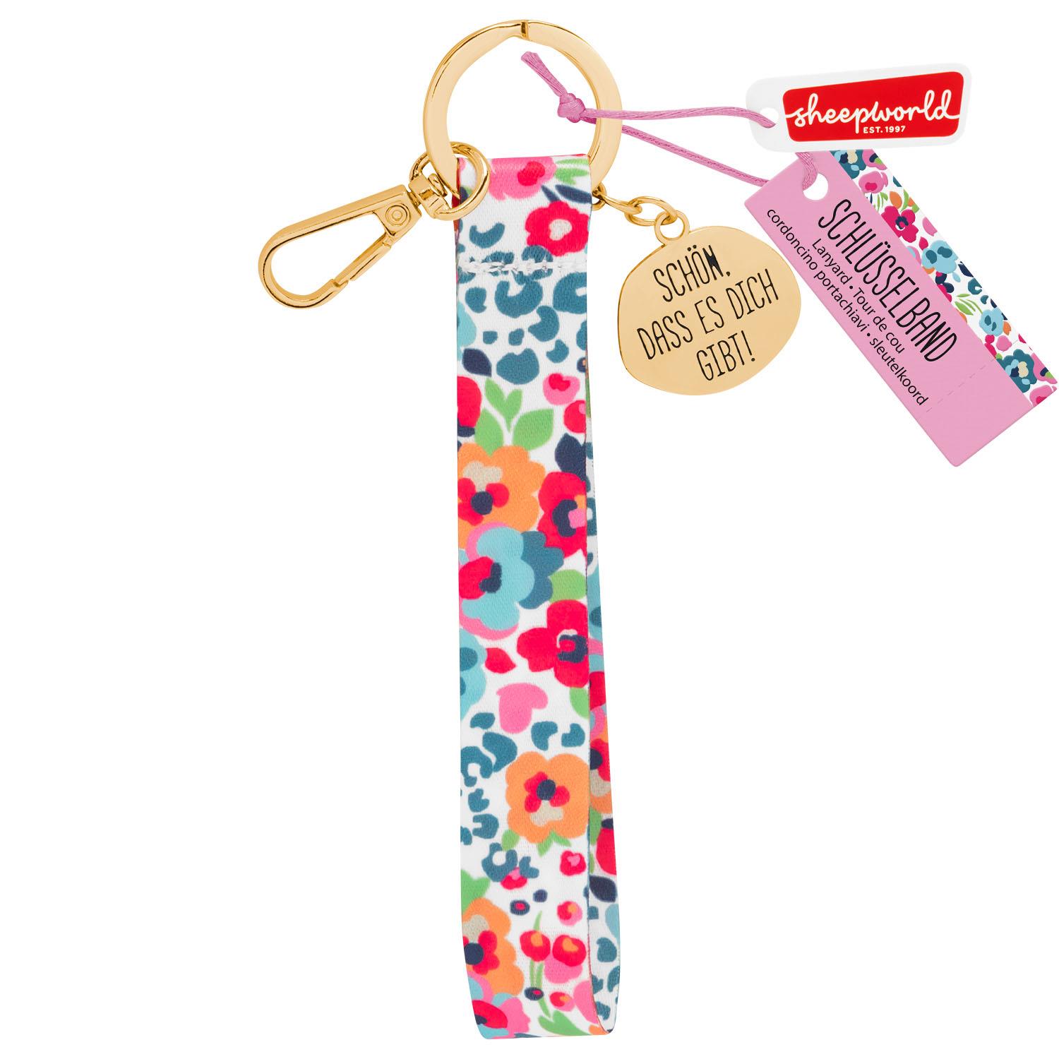 Buntes Schlüsselband mit floralem Muster, goldener Karabiner und Anhänger – ideal als kleines Geschenk.