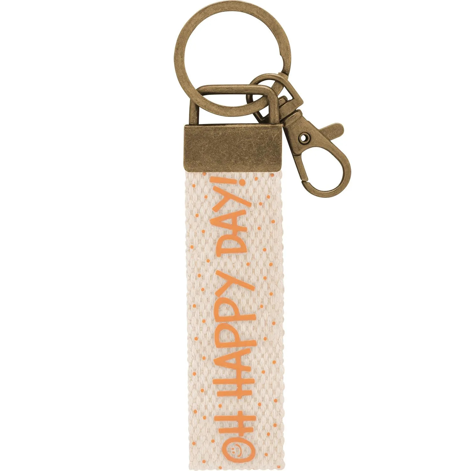 Schlüsselanhänger aus Canvas mit orangenem Schriftzug OHAPPYDAY und bronzefarbenem Metallring