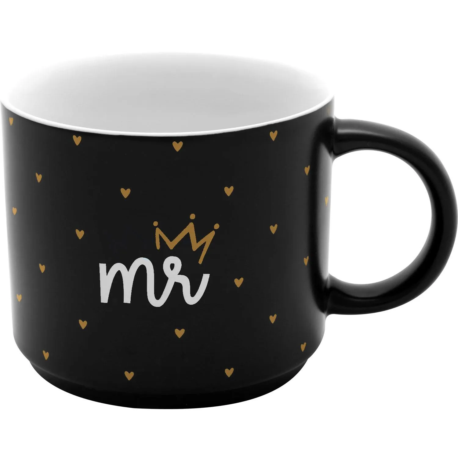 Schwarze Porzellanttasse mit Goldherzen und weißem Mr Schriftzug