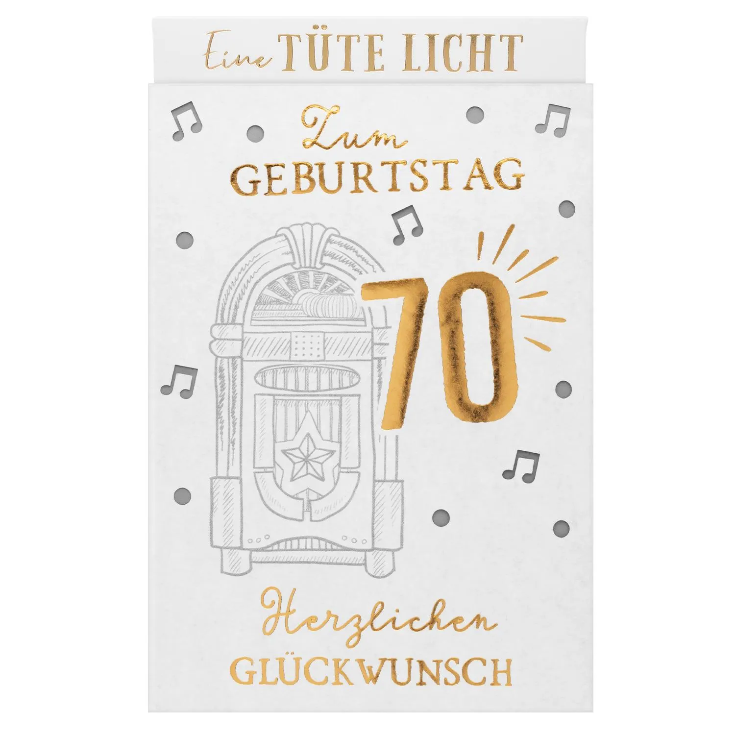 Lichttüte zum 70. Geburtstag mit goldenem 70-Motiv und Jukebox-Druck