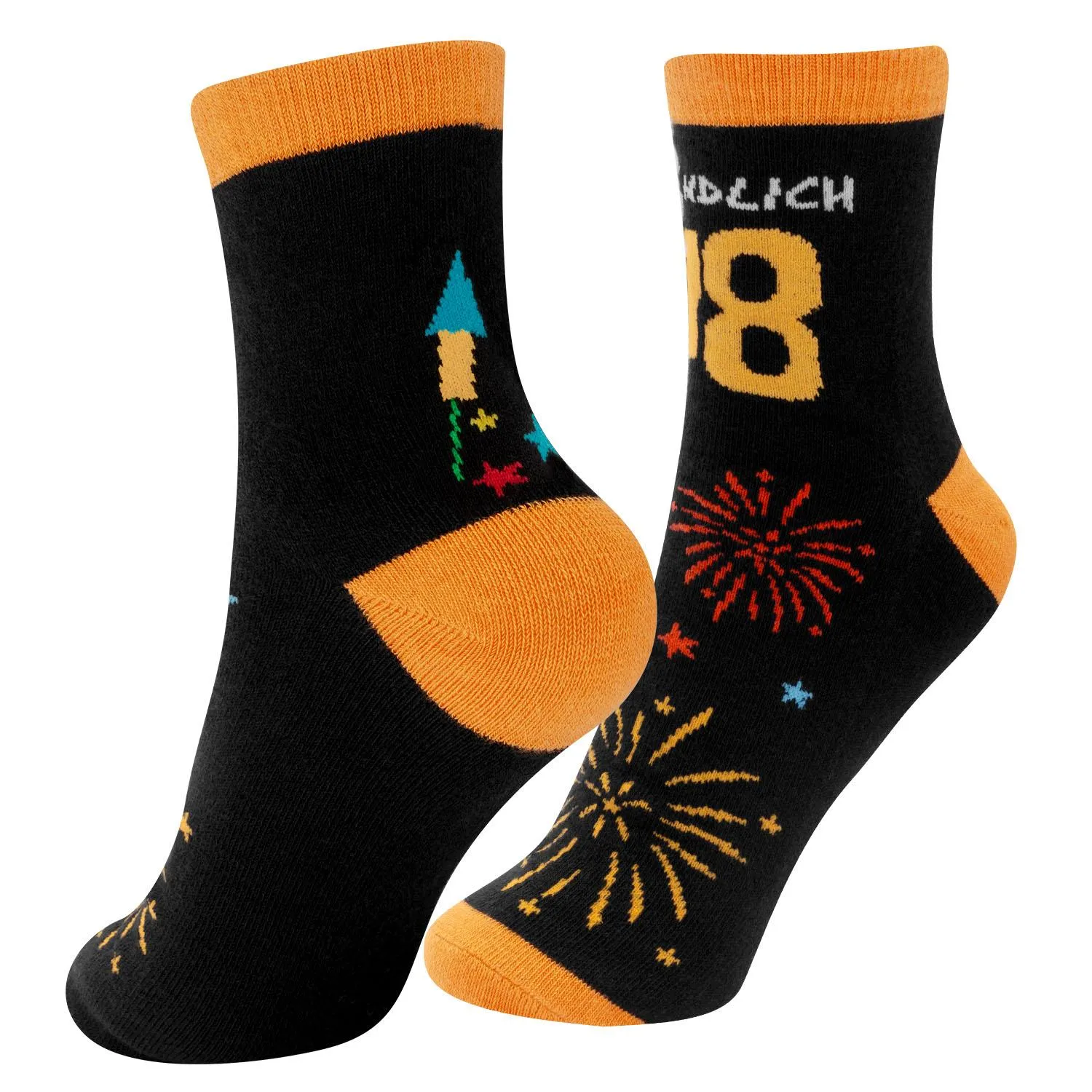 Schwarze Socken mit orangen Spitzen und Raketen-Feuerwerk-Motiven – perfekt zum 18. Geburtstag.
