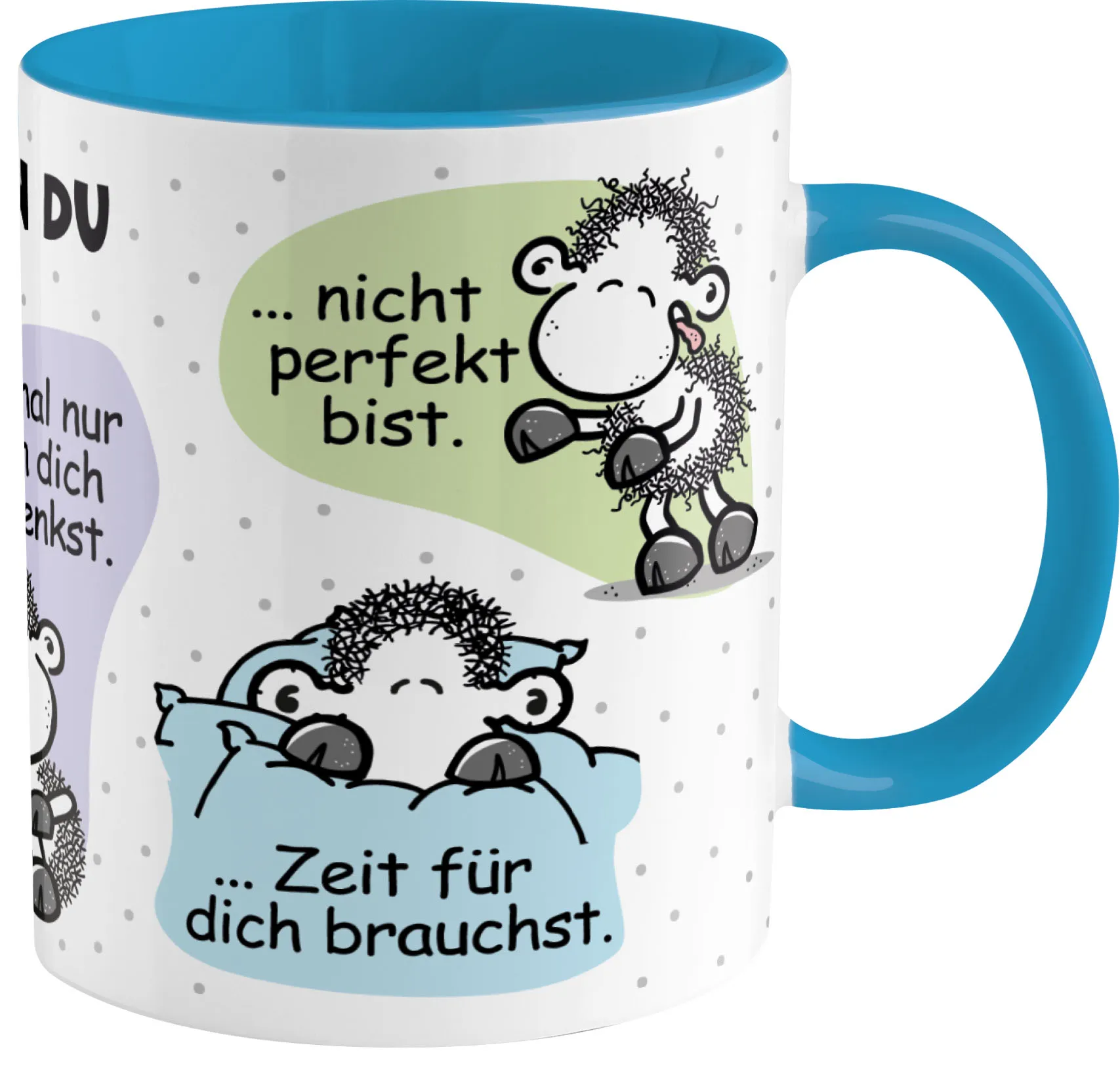 Weiße Porzellan-Tasse mit blauem Henkel und blauem Innenraum, Schaf-Motive