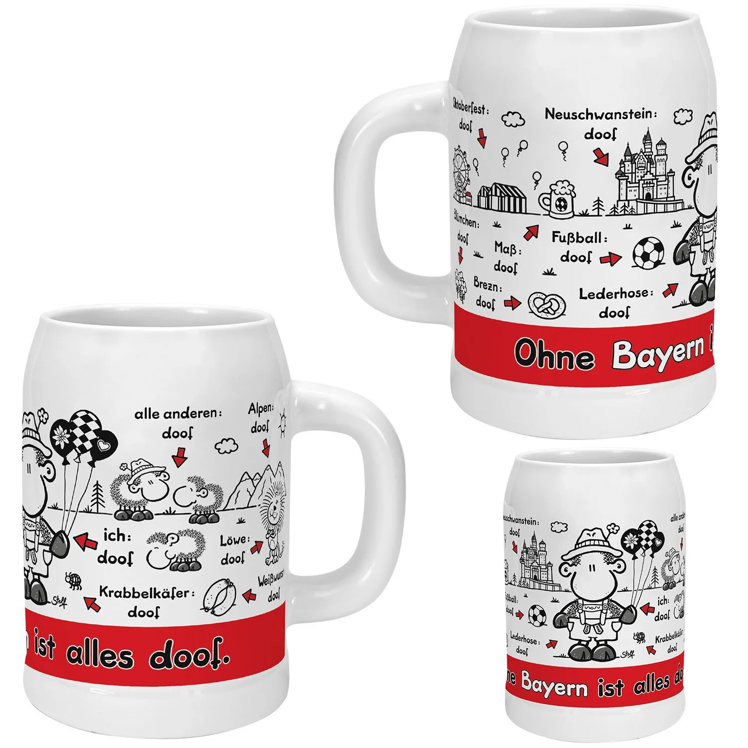 Weißer Steinzeug-Bierkrug mit Schäfchen-Illustrationen und rotem Banner 'Ohne Bayern ist alles doof'.