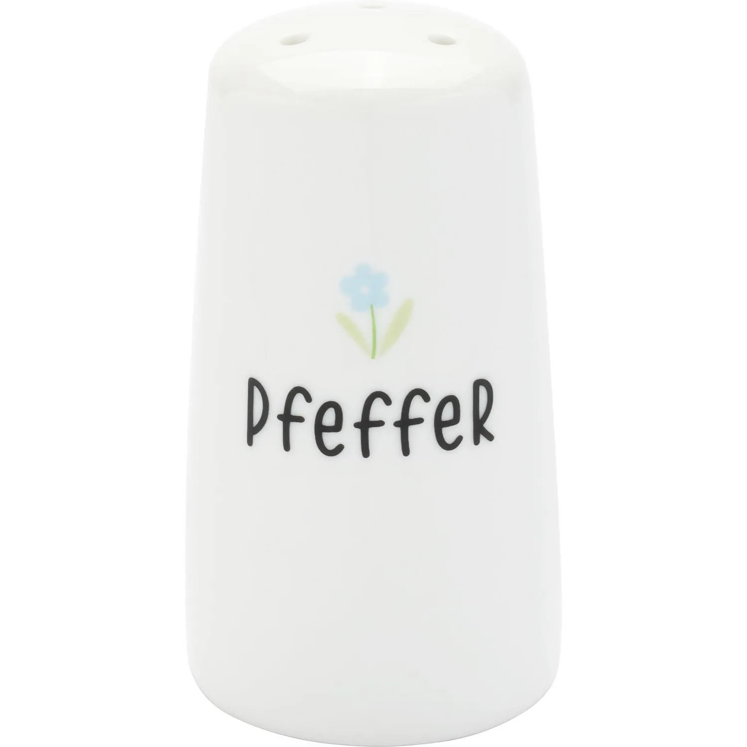 Weißer Porzellan-PfeFFERstreuer mit Pfeffer-Schriftzug und kleinem Blümchen