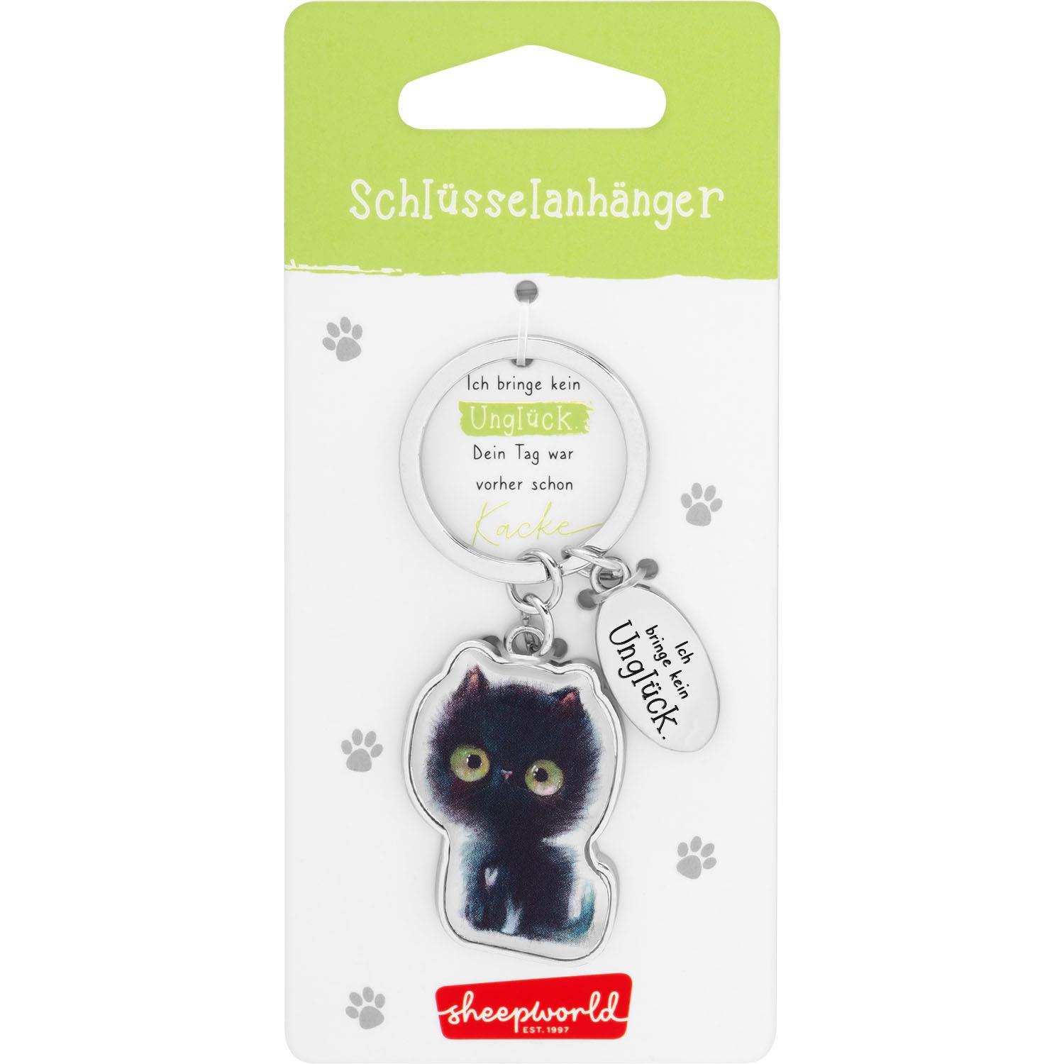 Schlüsselanhänger mit schwarzer Katzenfigur aus Metall und Textanhänger