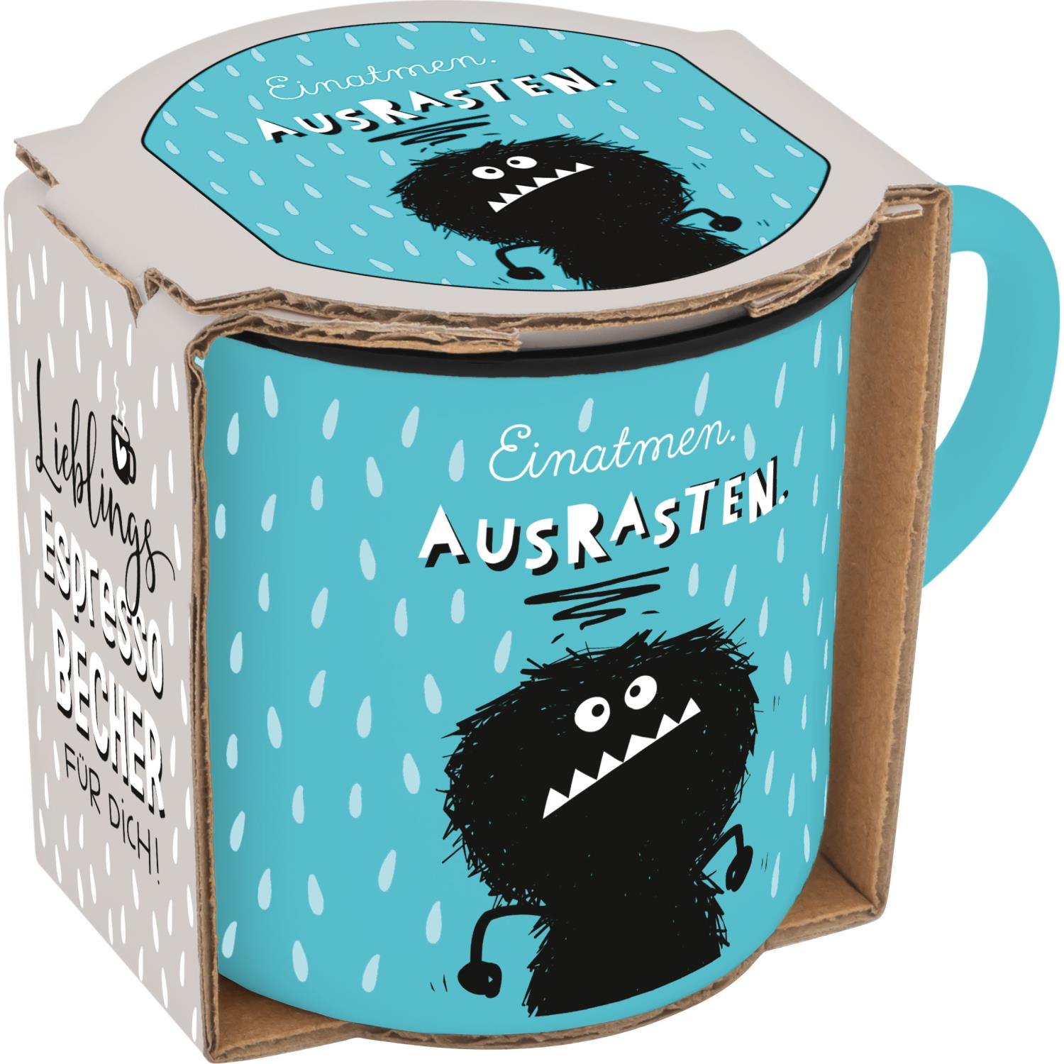 Türkisfarbener Espressobecher aus Porzellan mit Monster-Motiv und Spruch