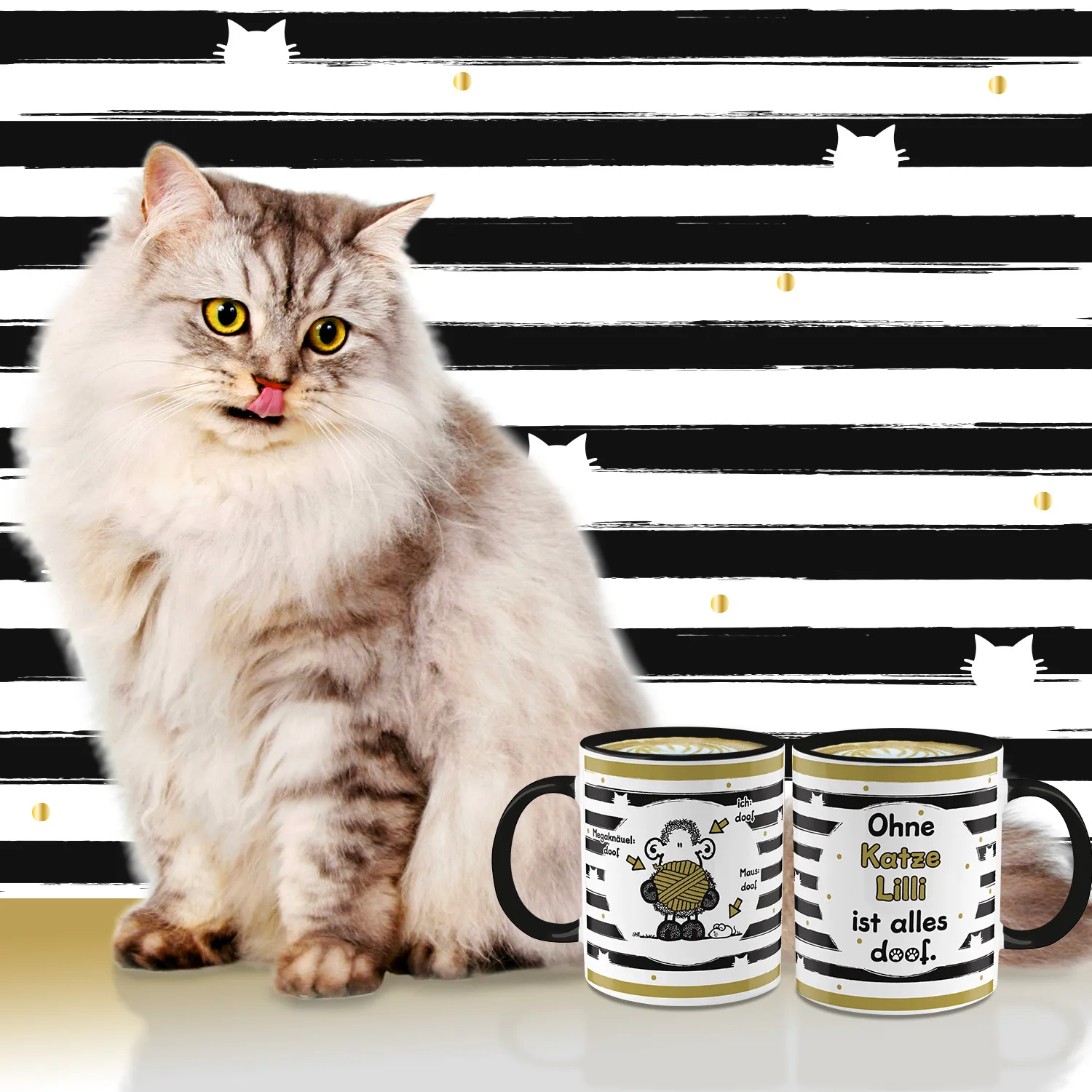 Weiße Porzellan-Tassen mit Katzenmotiv, Streifenmuster und Spruch, personalisierbar