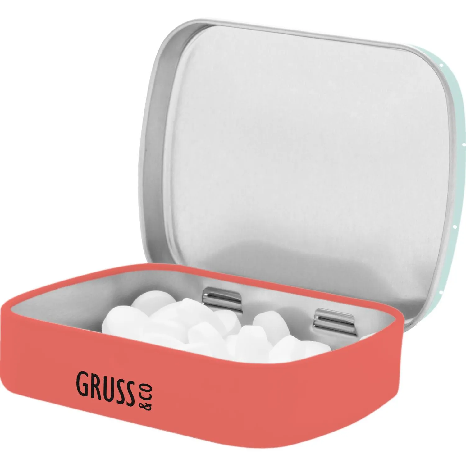 Mintdose aus Metall in Koralle mit silbernem Deckel, gefüllt mit weißen Pfefferminztpastillen