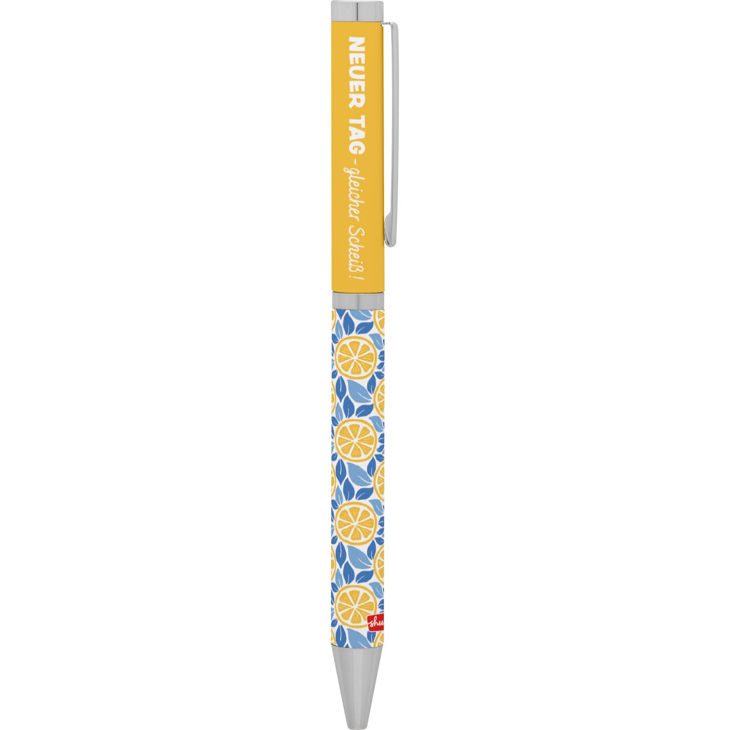 Kugelschreiber mit Zitronen- und Blattmuster in Gelb/Blau, Drehmechanik, Metallclip