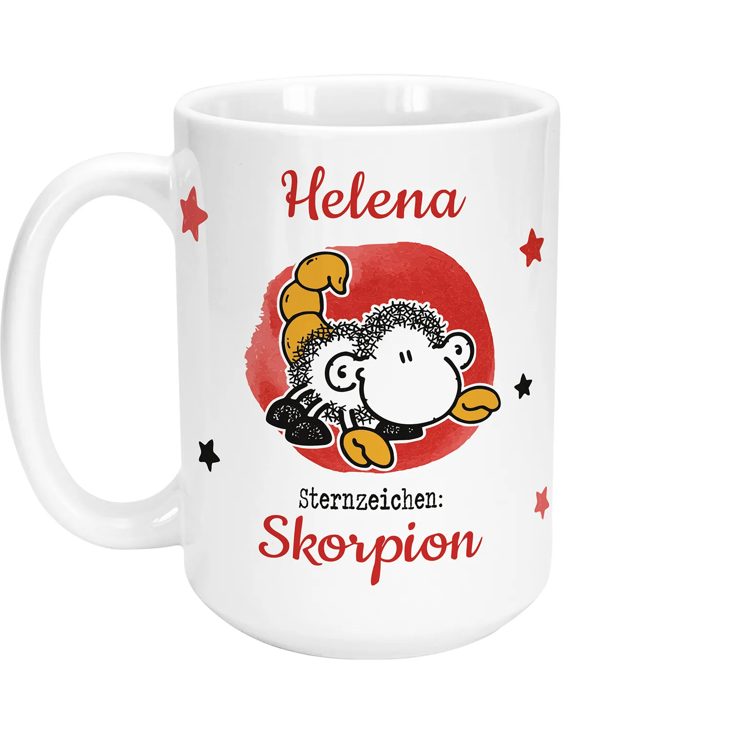 Weiße Keramiktasse mit personalisiertem Namen Helena und Schaf-Motiv zum Sternzeichen Skorpion