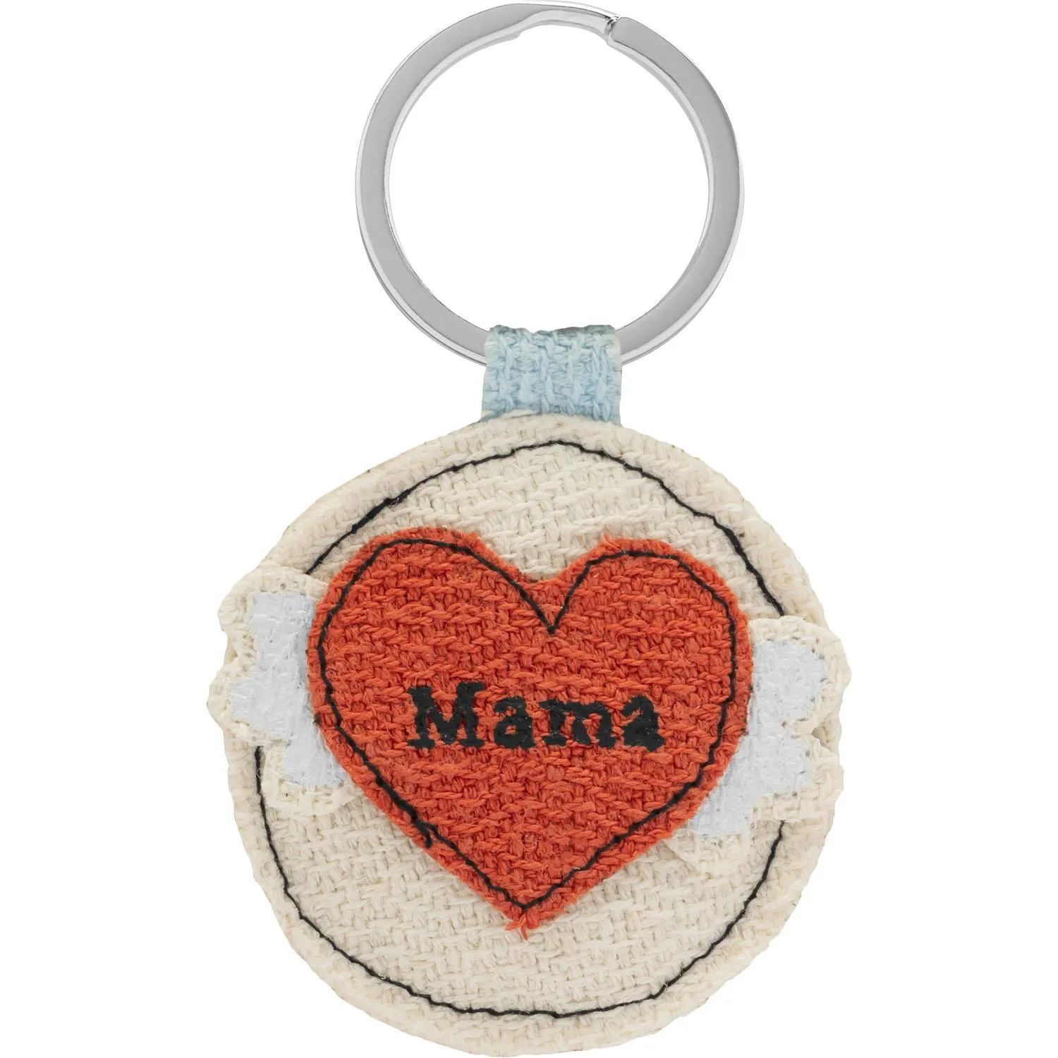 Runder Schlüsselanhänger aus Ananasblattfaser mit rotem Herz und der Aufschrift Mama