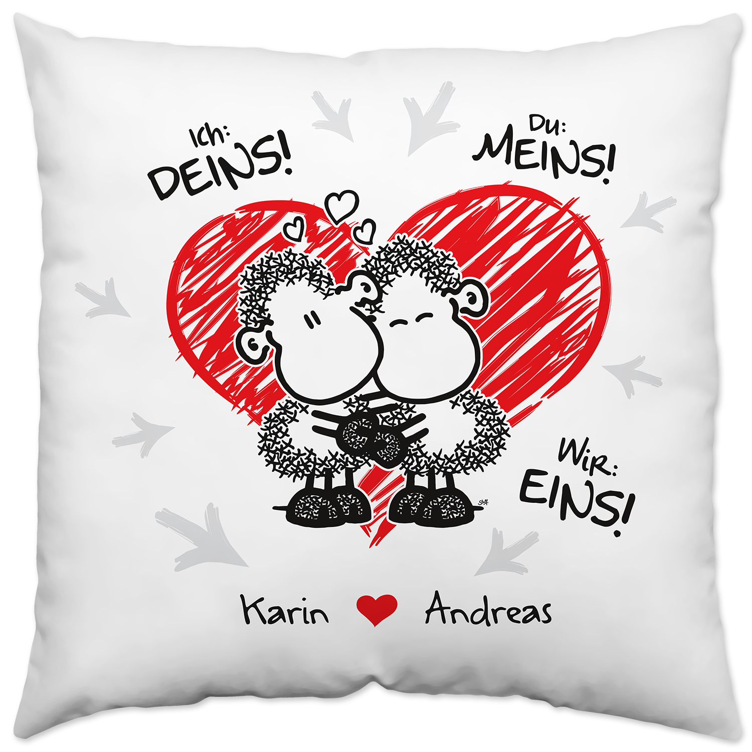 Personalisierbares Kuschelkissen für Paare mit zwei Schafen vor rotem Herz, Namen individuell.