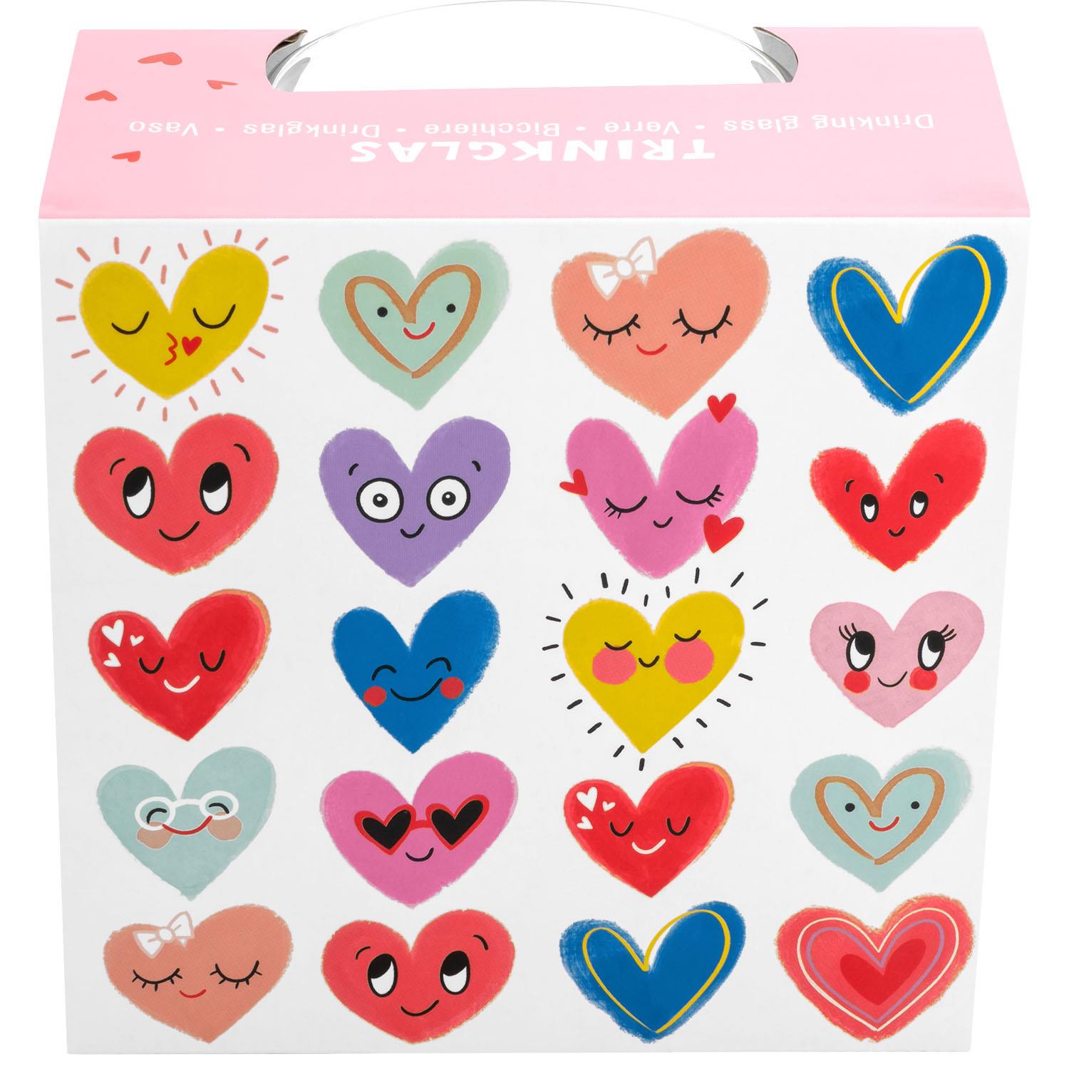 Trinkglas »Herzen« in Geschenkbox mit bunten Herz-Motiven.