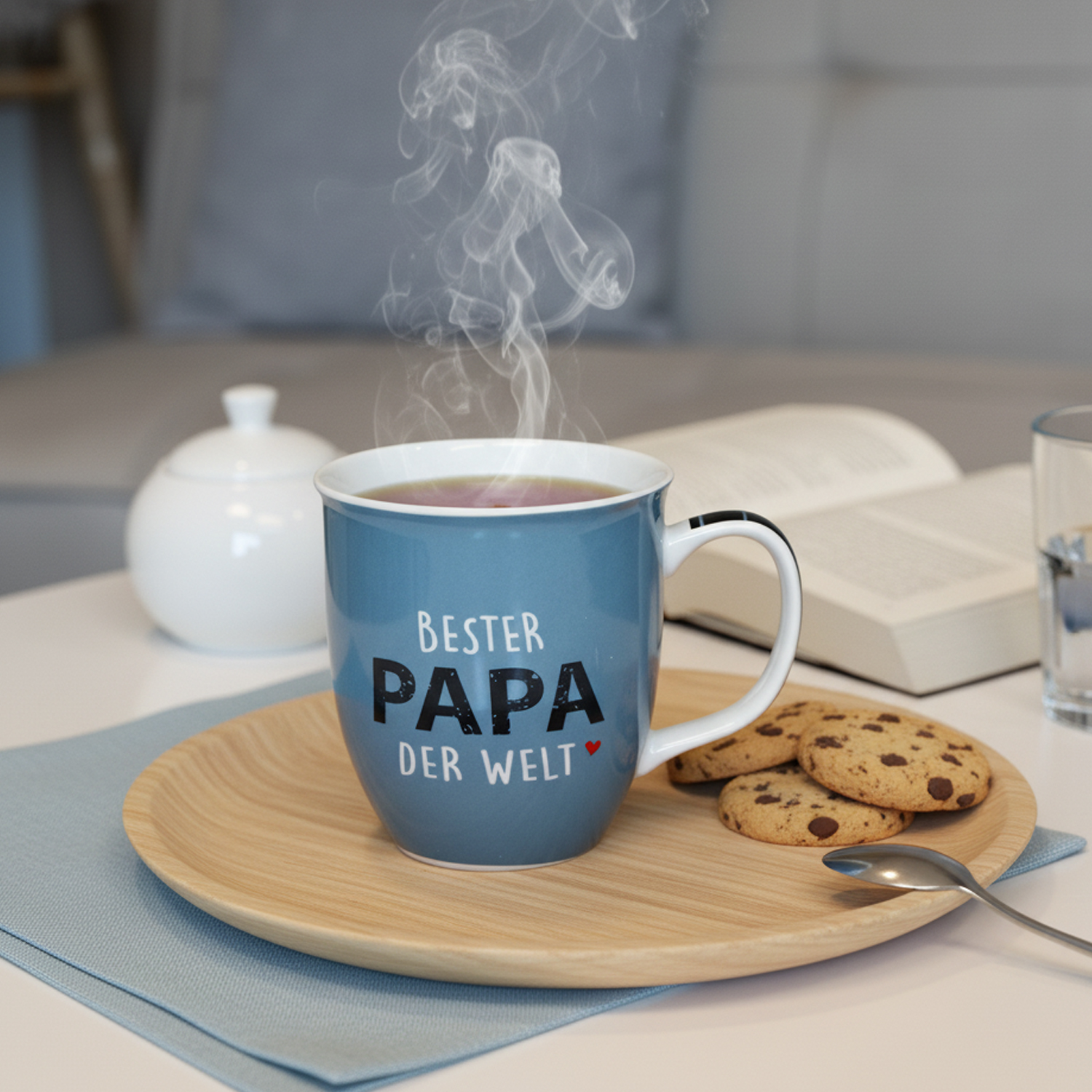 Blaue Porzellan-Tasse mit Schriftzug BESTER PAPA DER WELT und Herz, auf Holztablett mit Keksen