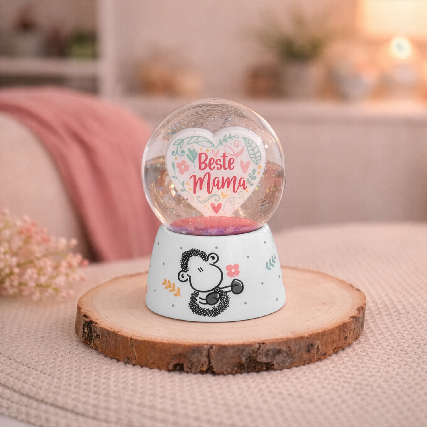 Schneekugel »Mama« mit Herzmotiv und Monkey-Sockel in Pastellfarben