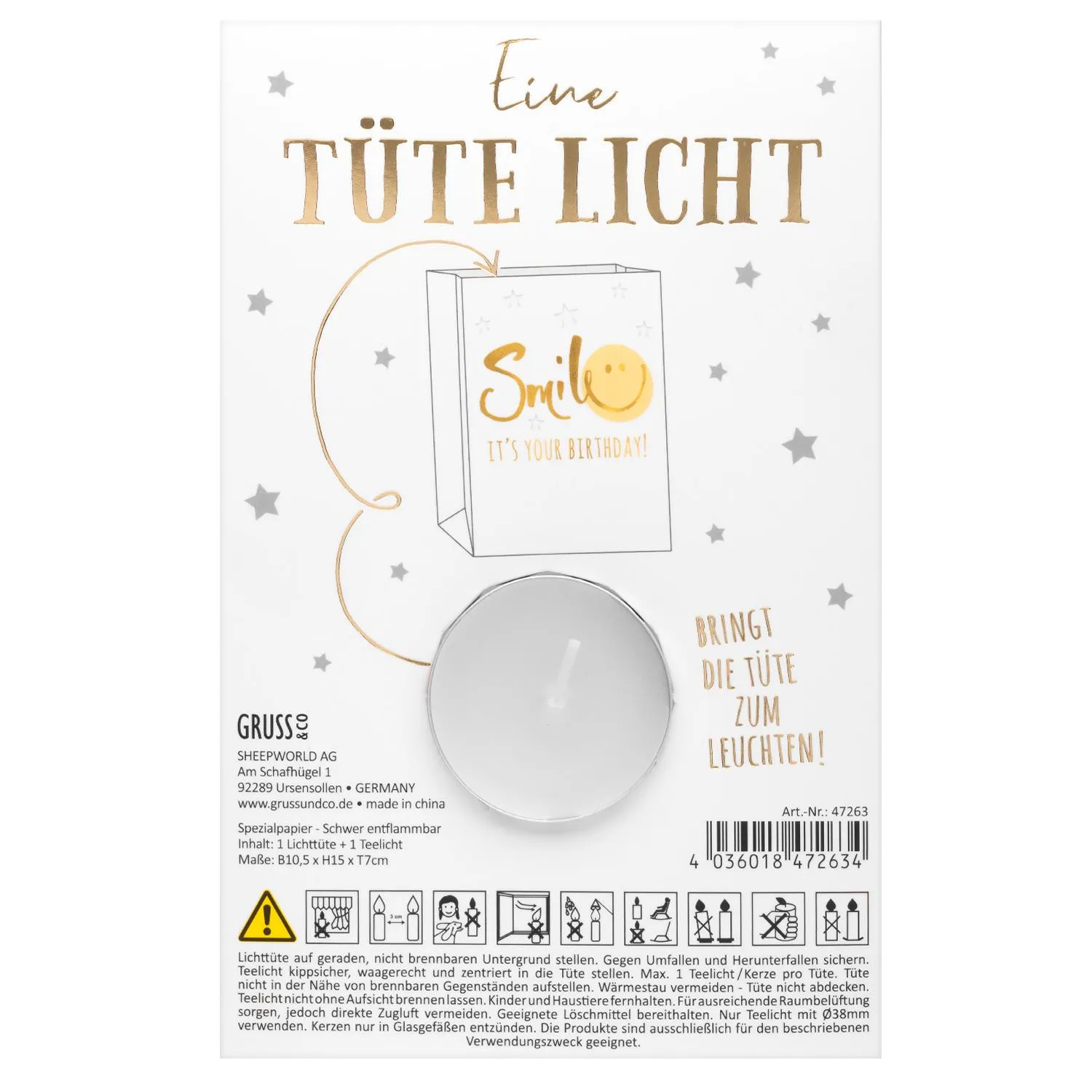 Weiße Lichttüte mit Goldschrift und Sternen, inkl. Teelicht