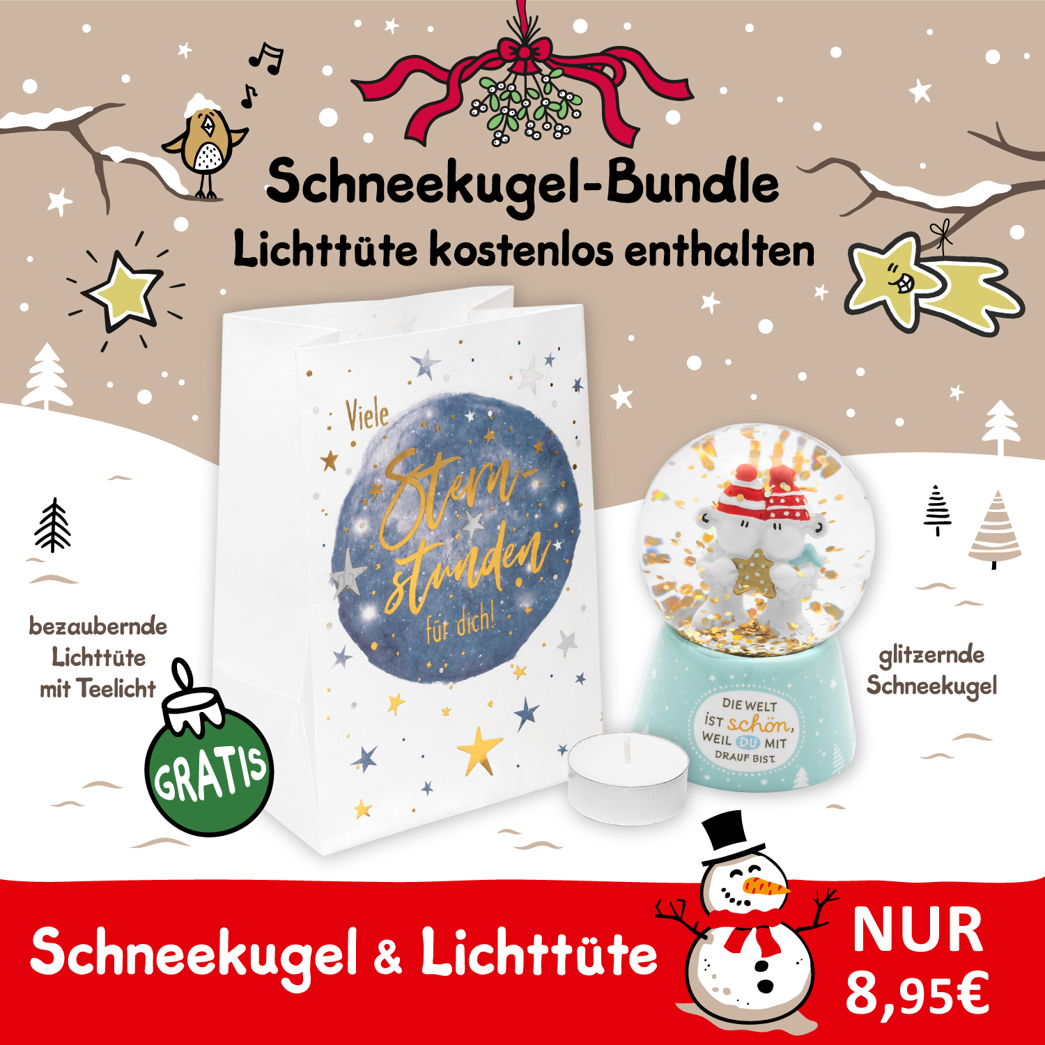 Schneekugel-Set mit Schäfchen und gratis Lichtertüte – winterliche Geschenkidee