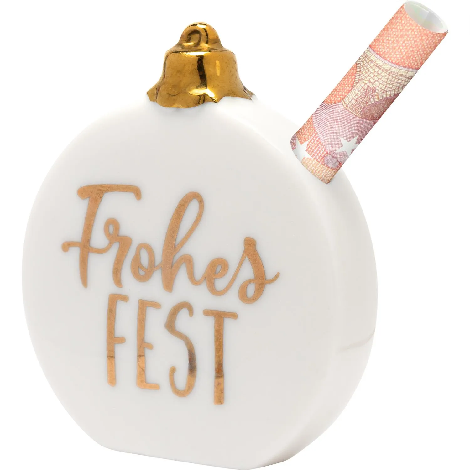 Weiße Porzellan-Kugel mit Goldschrift Frohes Fest und eingerolltem Geldschein